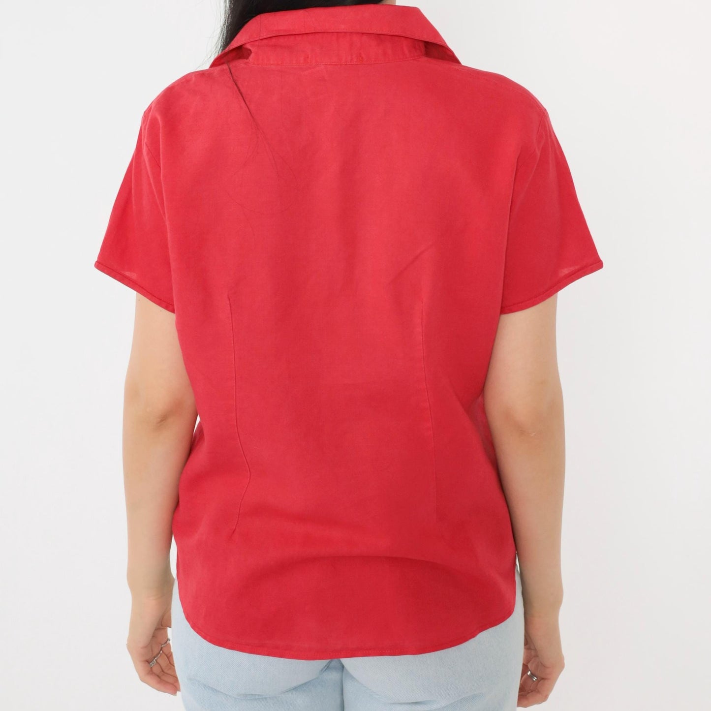 Banana Republic 90s Red Floral Embroidered Button-Up Blouse Short Sleeve Large L