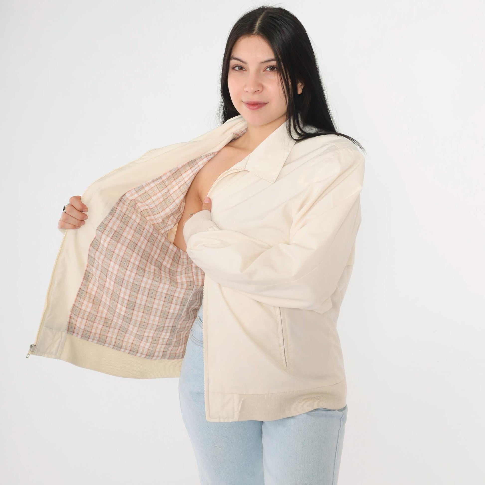 80s Christopher Rand Cream Windbreaker Jacket Plaid Lined Knit Cuff Medium
