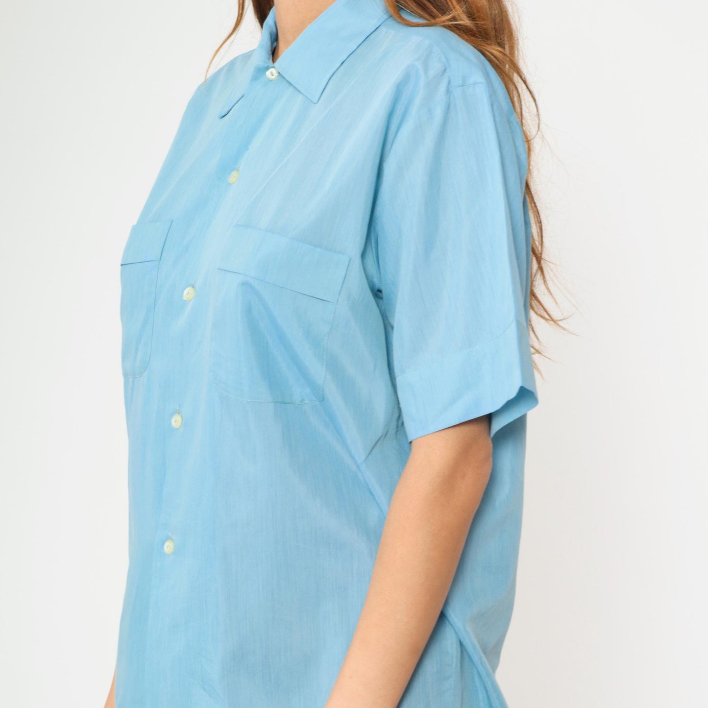 70s Crystalaire Blue Button-Up Shirt Short Sleeve Chest Pocket Men's Medium