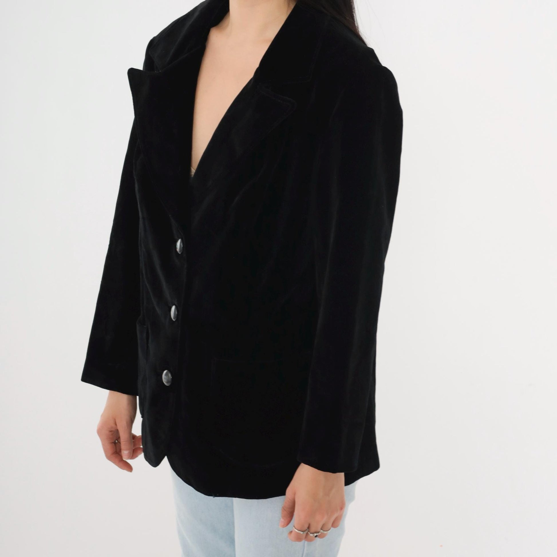 80s Black Velvet Blazer Tailored Button-Up Jacket Medium