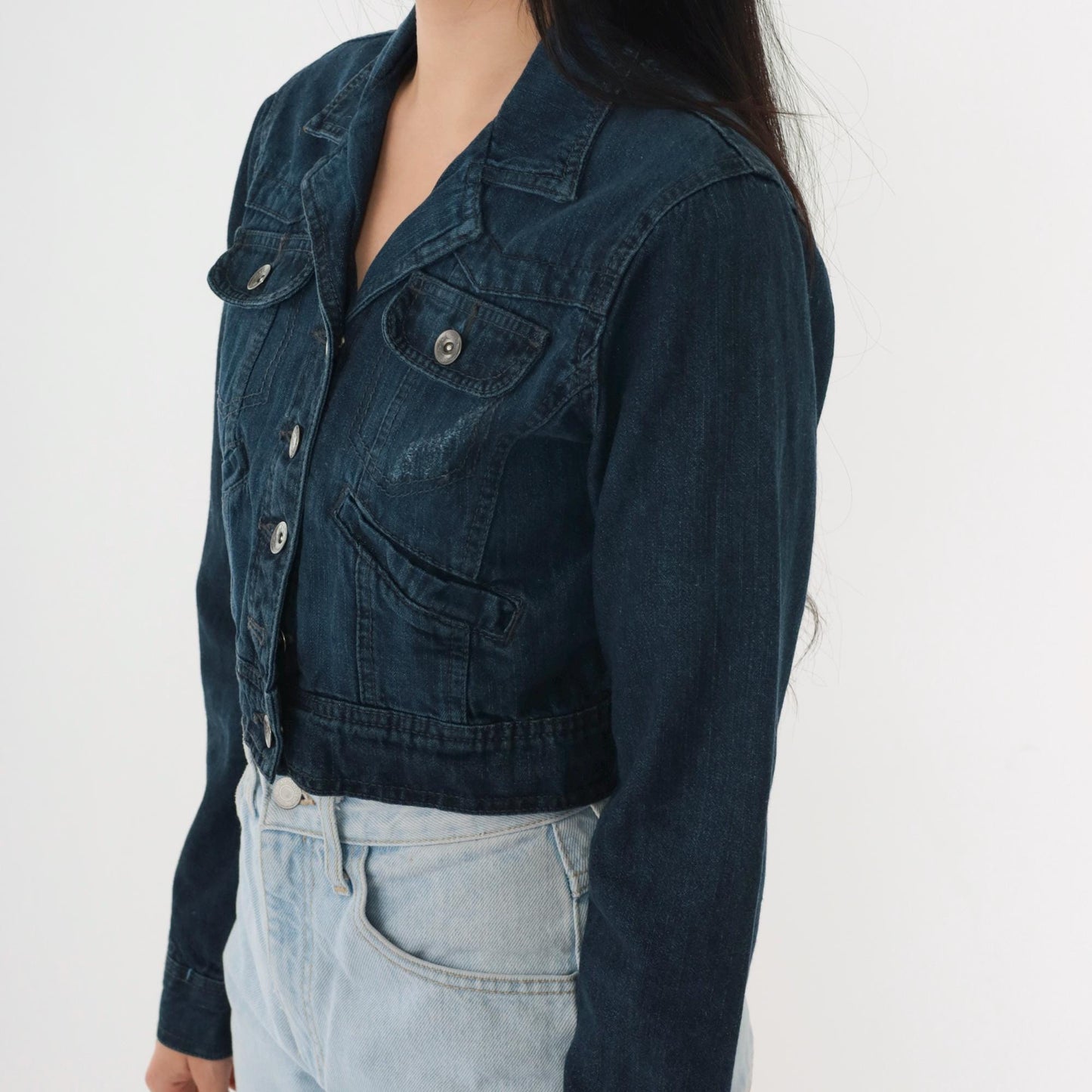 L.E.I. Cropped Dark Denim Jacket Y2K Button Front Fitted Small