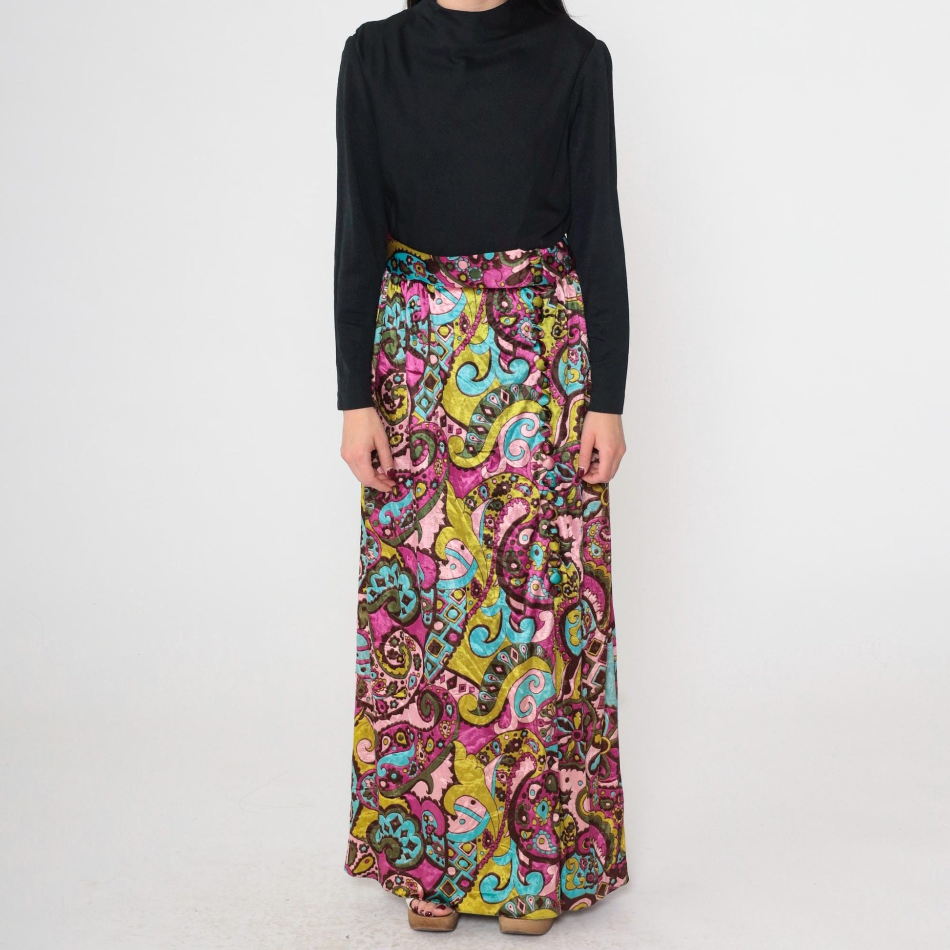 70s Psychedelic Velvet Paisley Maxi Dress Black High Waist Long Sleeve Front Slit Small