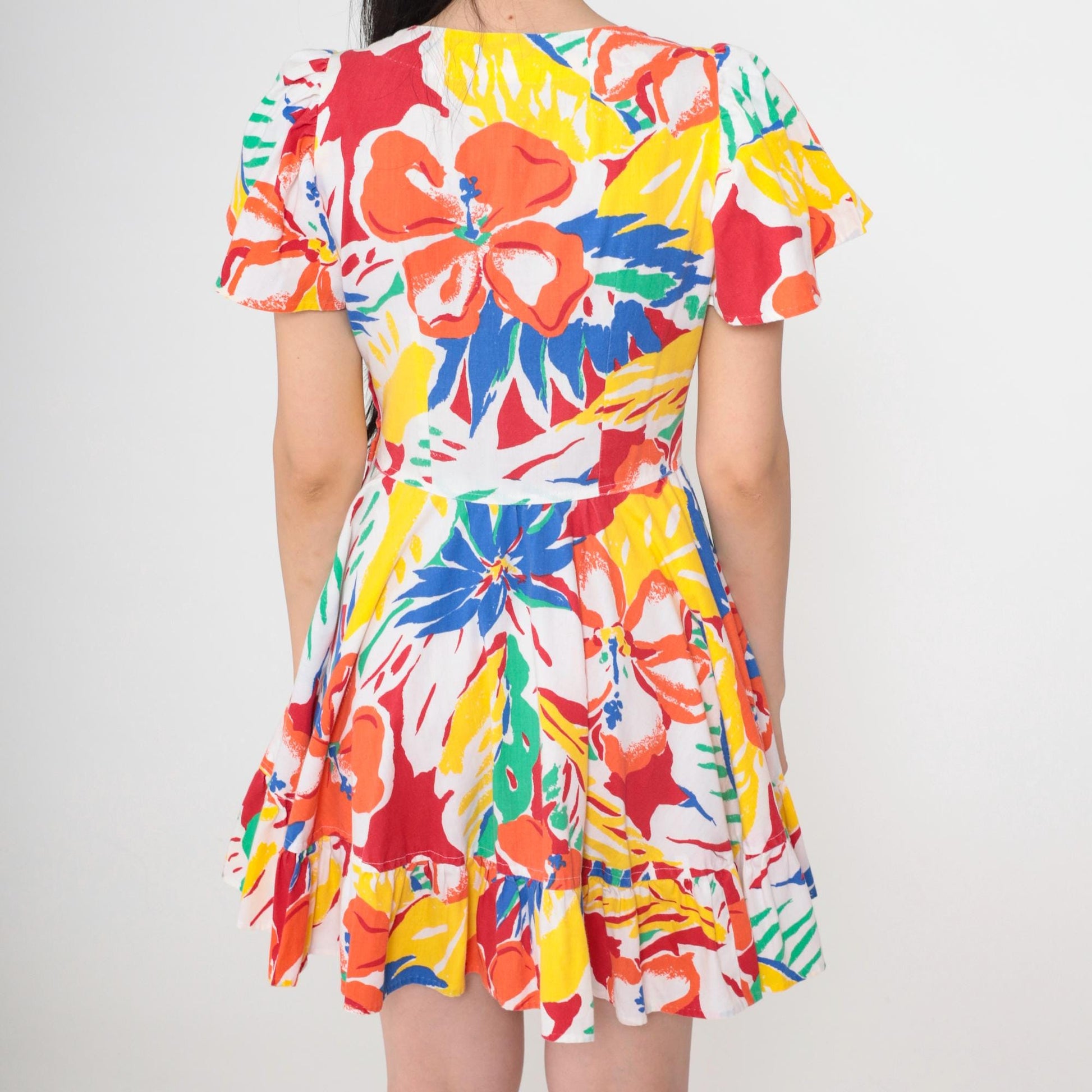 80s Floral Mini Dress Abstract Print Puff Sleeve Fit and Flare Small