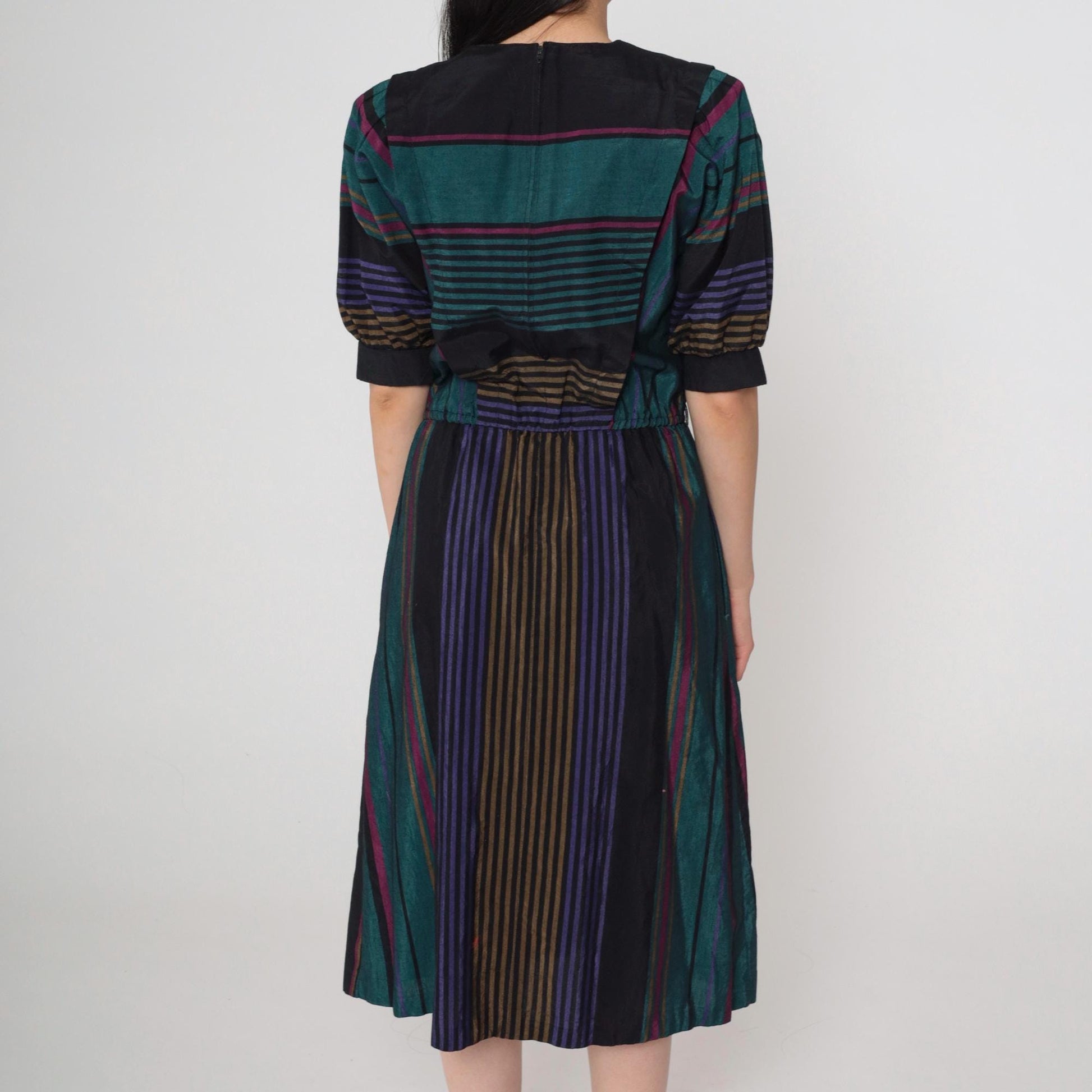 80s Multicolor Striped Midi Dress Puff Sleeve High Waist V-Neck Small S