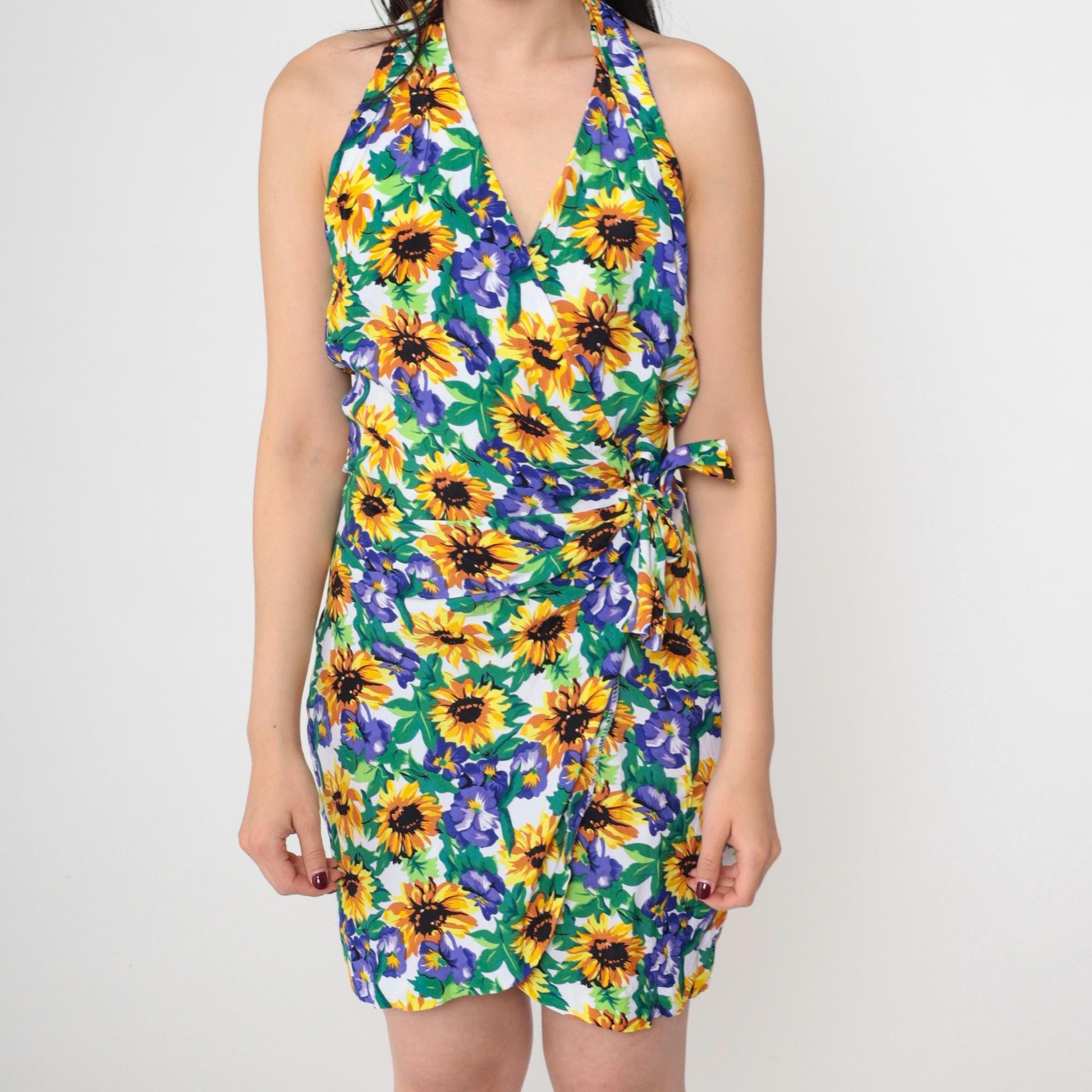 90s Fredericks of Hollywood Floral Halter Mini Dress Sunflower Wrap Medium