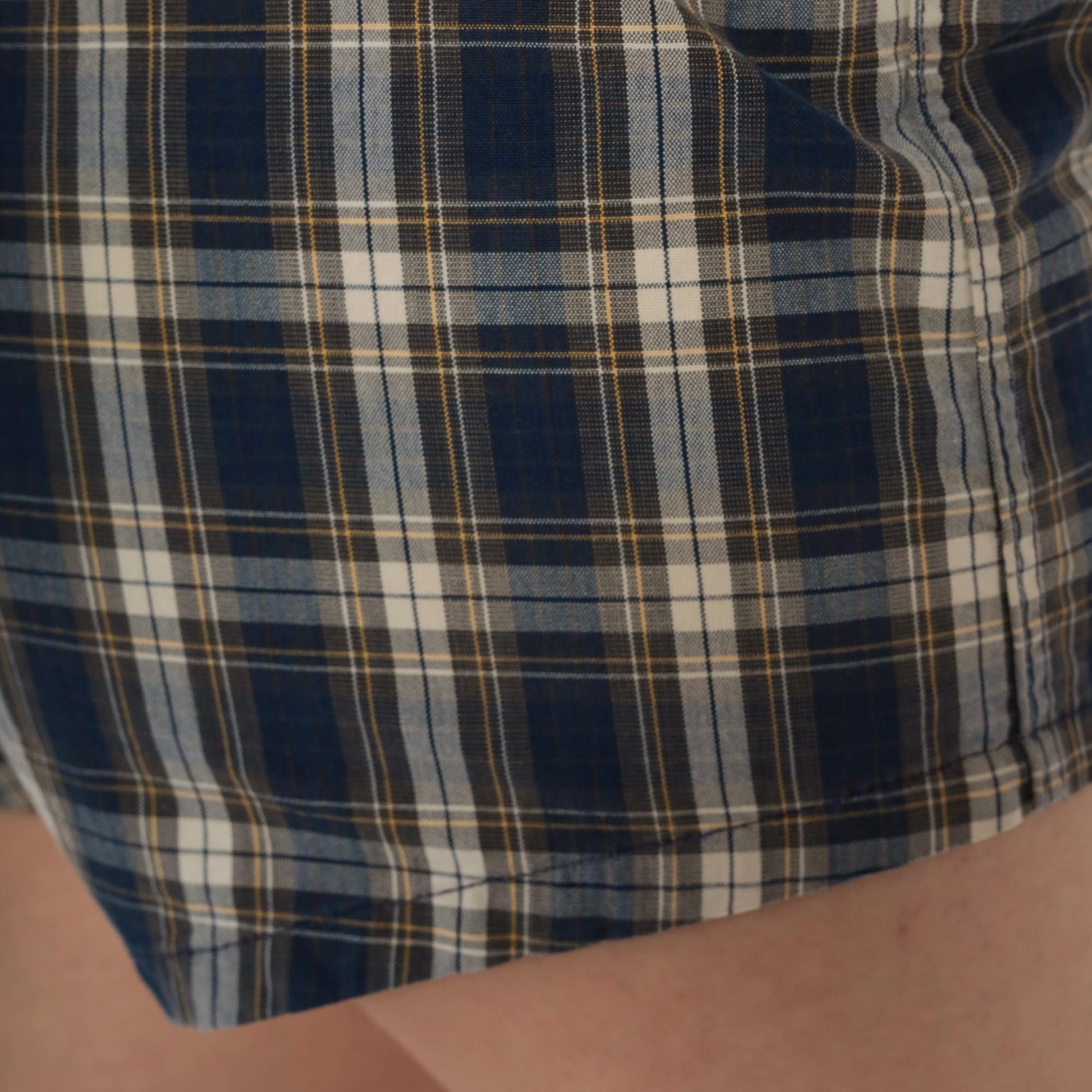 1950s Fraternity Prep Plaid Swim Shorts Blue Tan Cream Small S