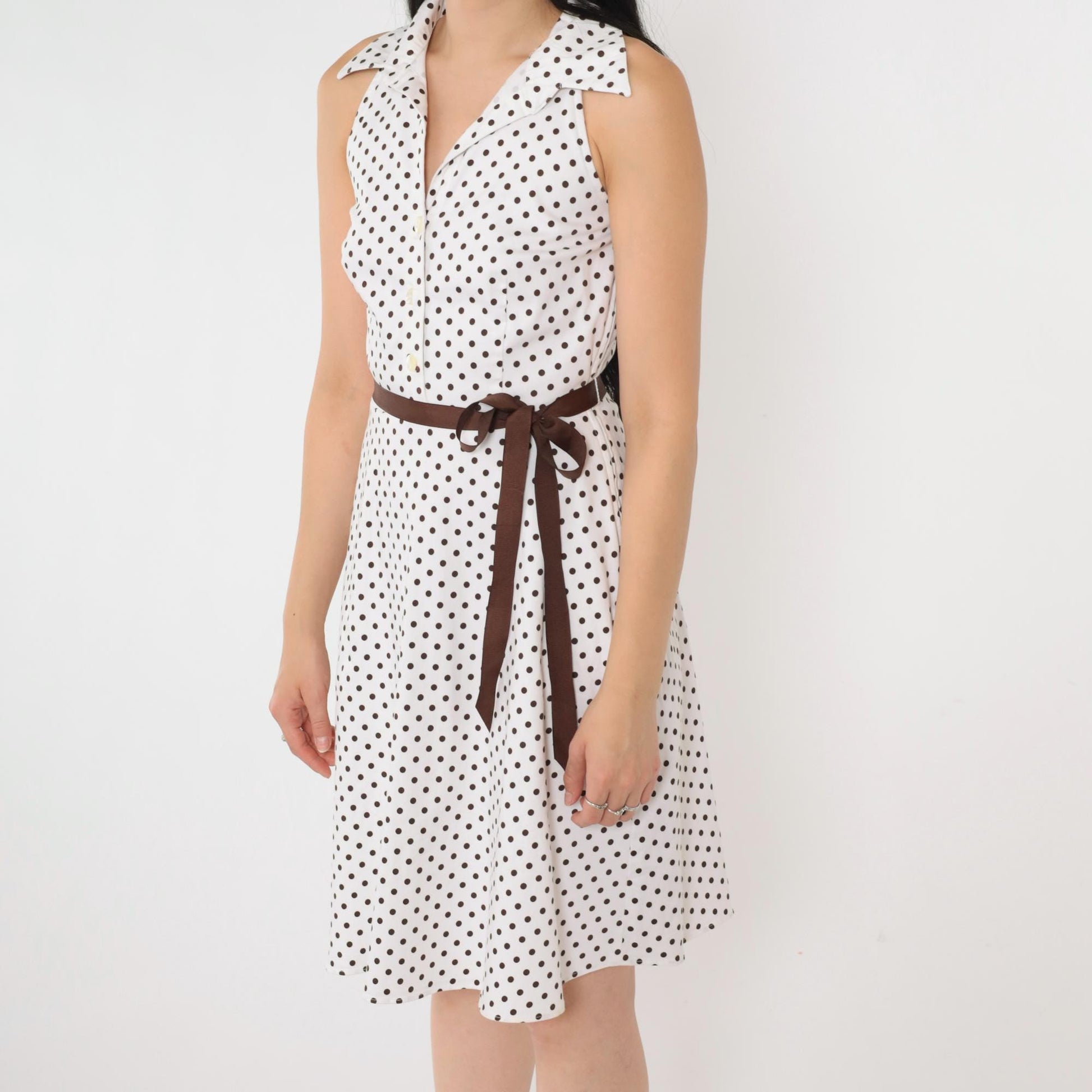 00s White Polka Dot Halter Mini Dress Brown Belt Button-Up Small 6