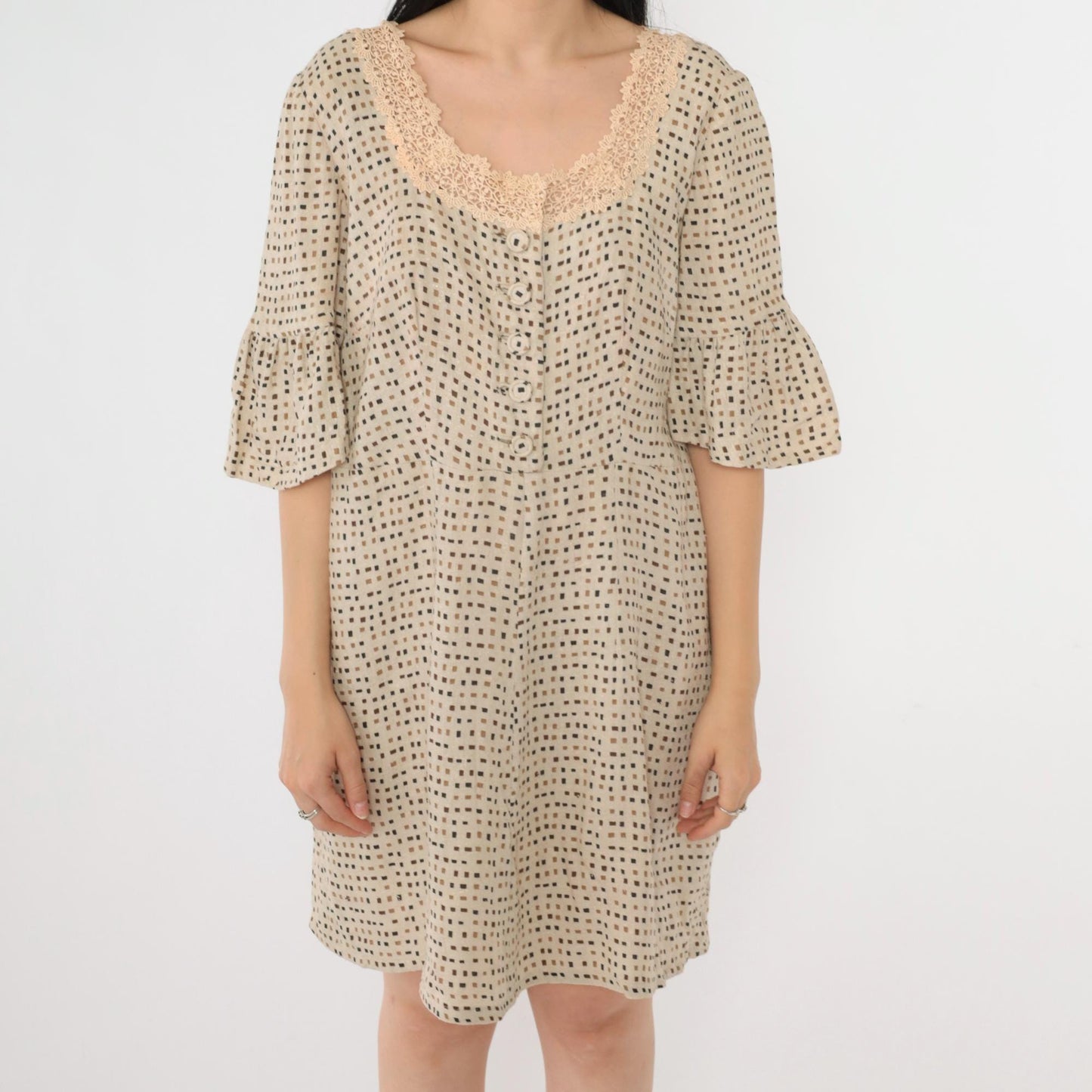 Y2K Beige Mini Dress Square Neckline Crochet Lace Bell Sleeve Button Up Medium M