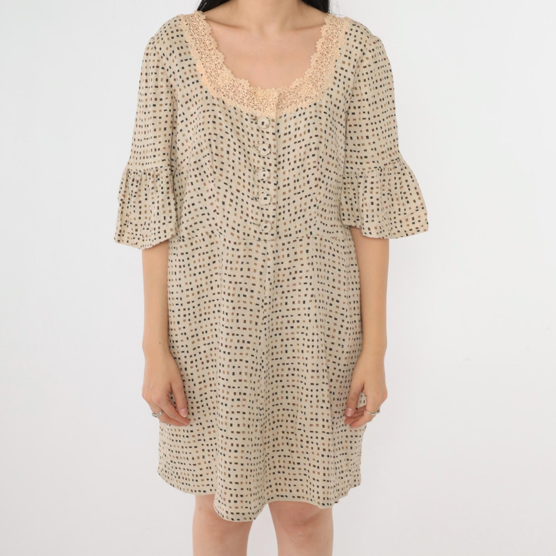 Y2K Beige Mini Dress Square Neckline Crochet Lace Bell Sleeve Button Up Medium M