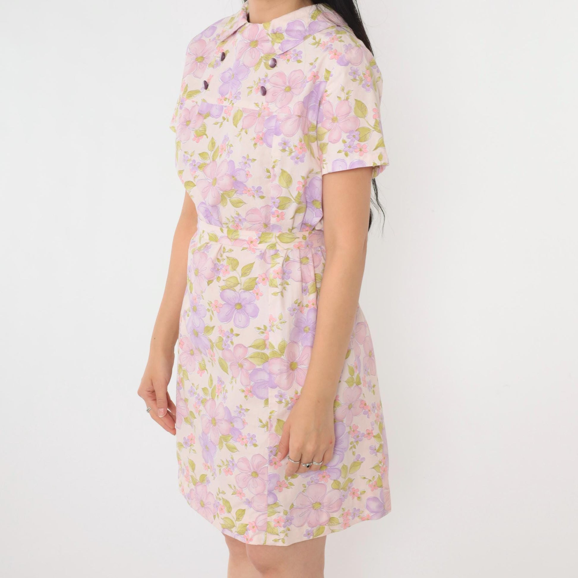 60s Floral Shift Mini Dress Pink Purple Short Sleeve Belted Medium M