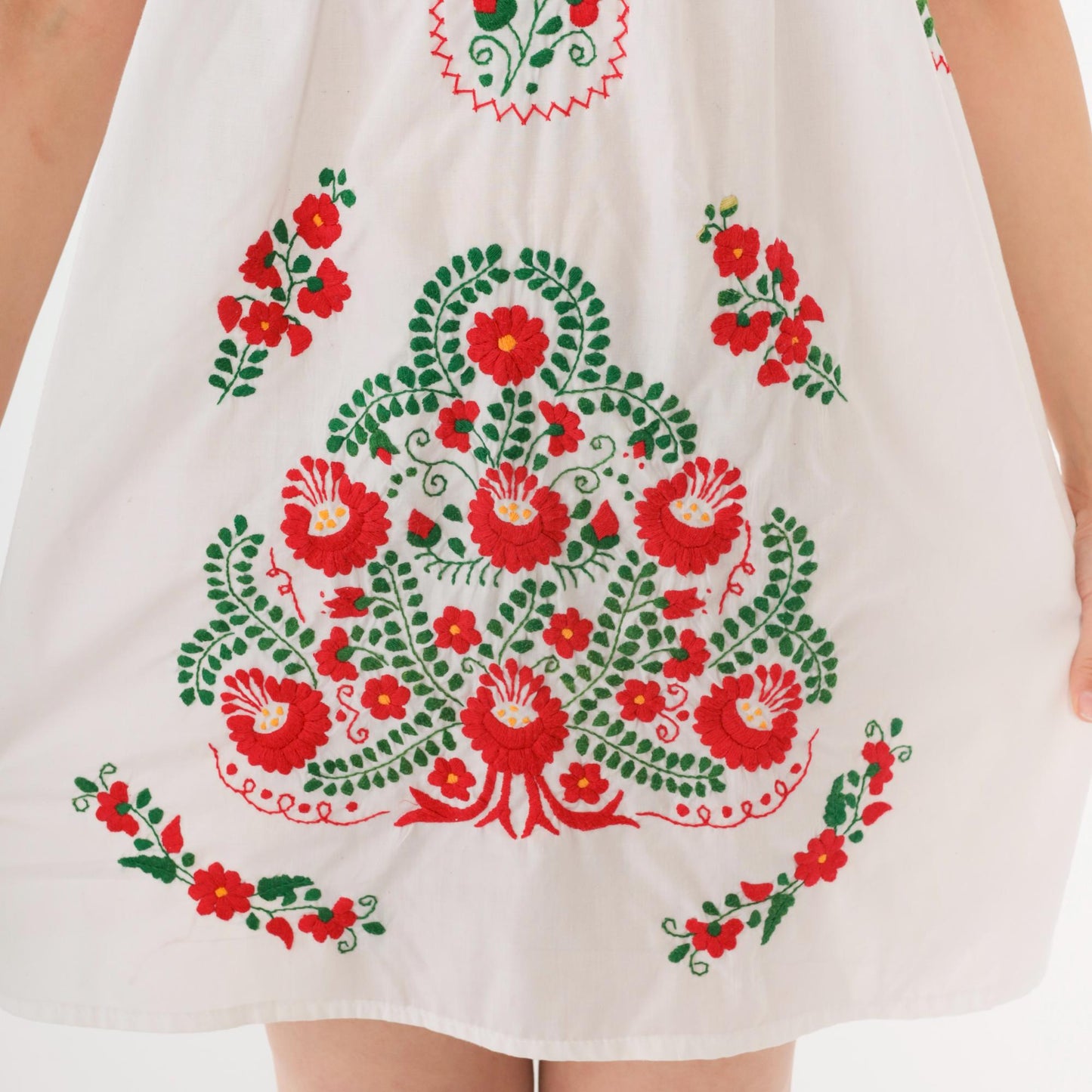 90s Mexican Embroidered Mini Dress White Floral Red Green Short Sleeve Medium M