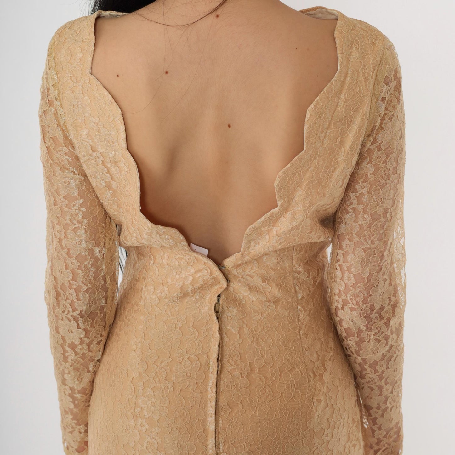 1960s Gold Lace Mini Dress Scalloped Open Back Sheer Sleeves Extra Small
