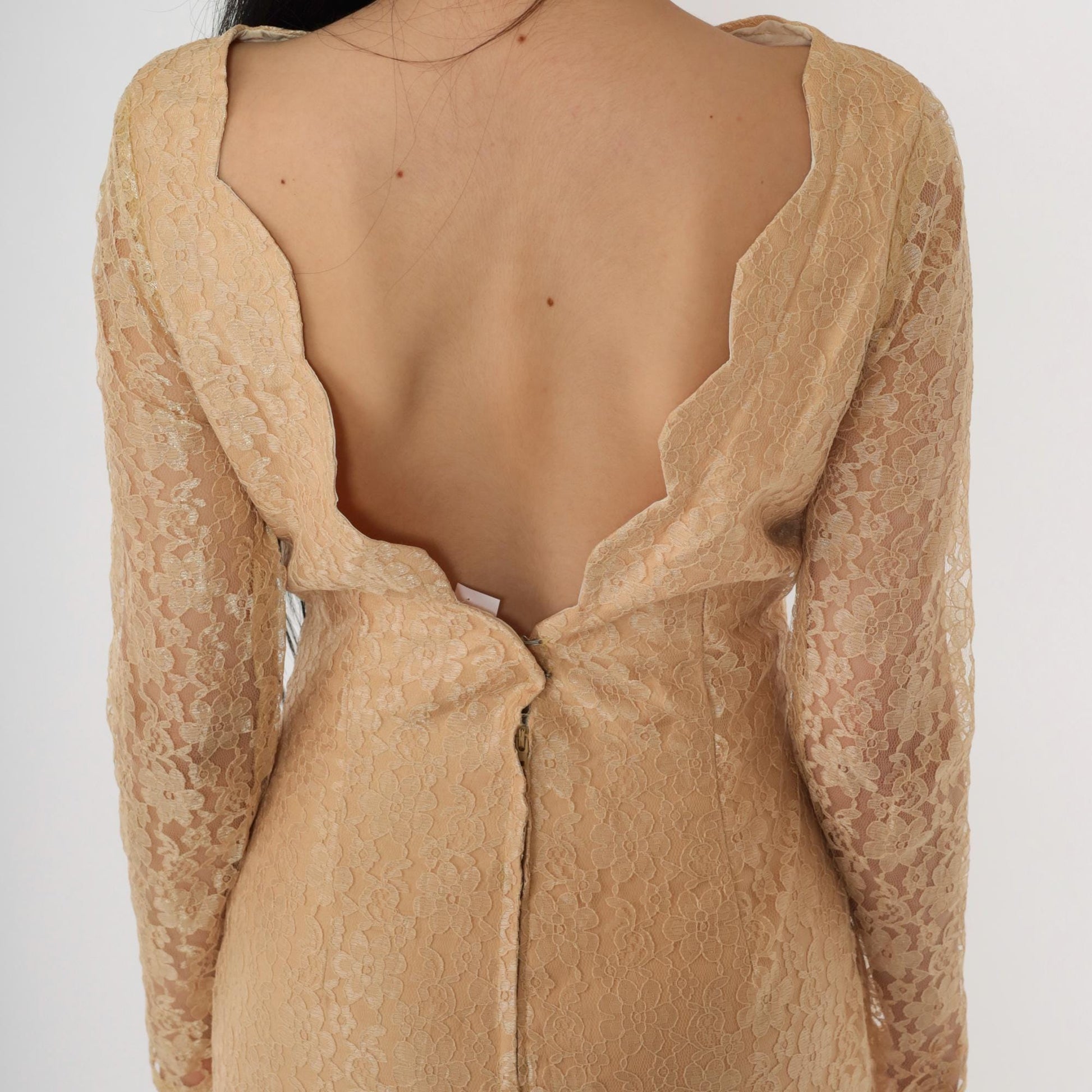 1960s Gold Lace Mini Dress Scalloped Open Back Sheer Sleeves Extra Small