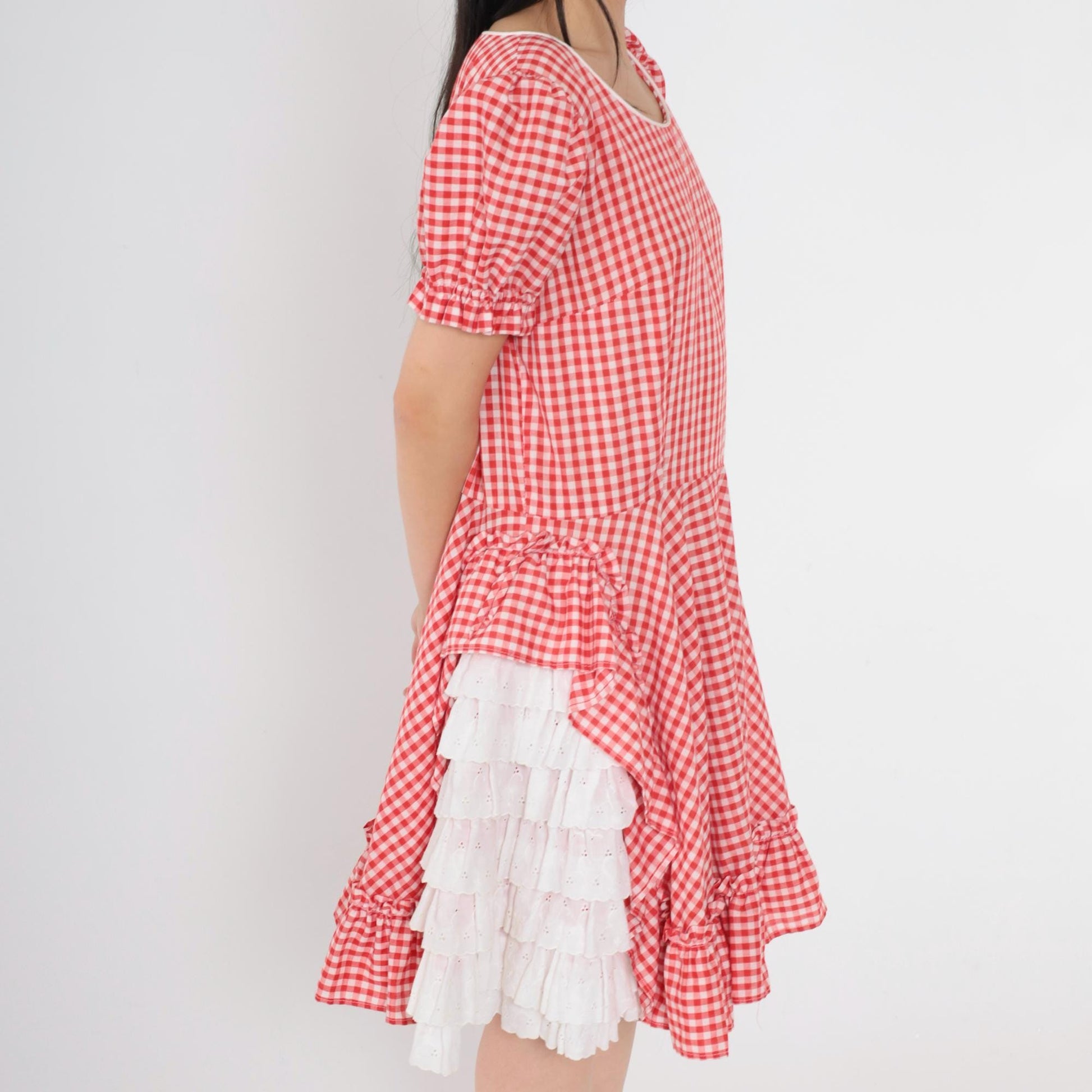 80s Red Gingham Square Dance Dress Puff Sleeve Eyelet Lace Midi Medium