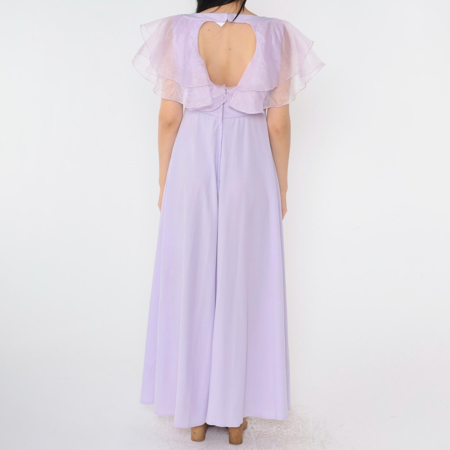 70s Lavender Organza Maxi Dress Flutter Sleeve Empire Waist Open Back Small