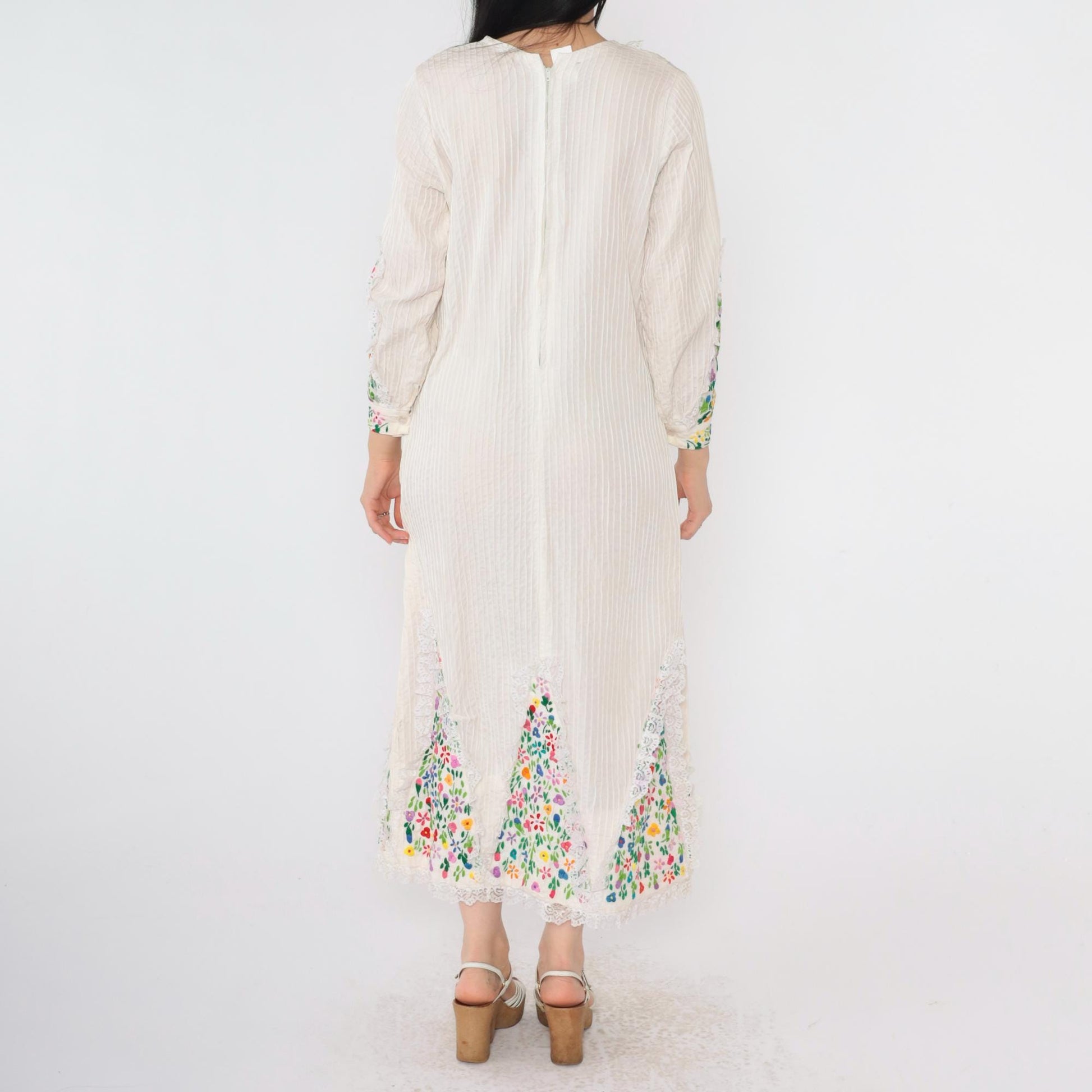 1970s Mexican Floral Embroidered Midi Dress Rainbow Lace Trim Shift Medium M