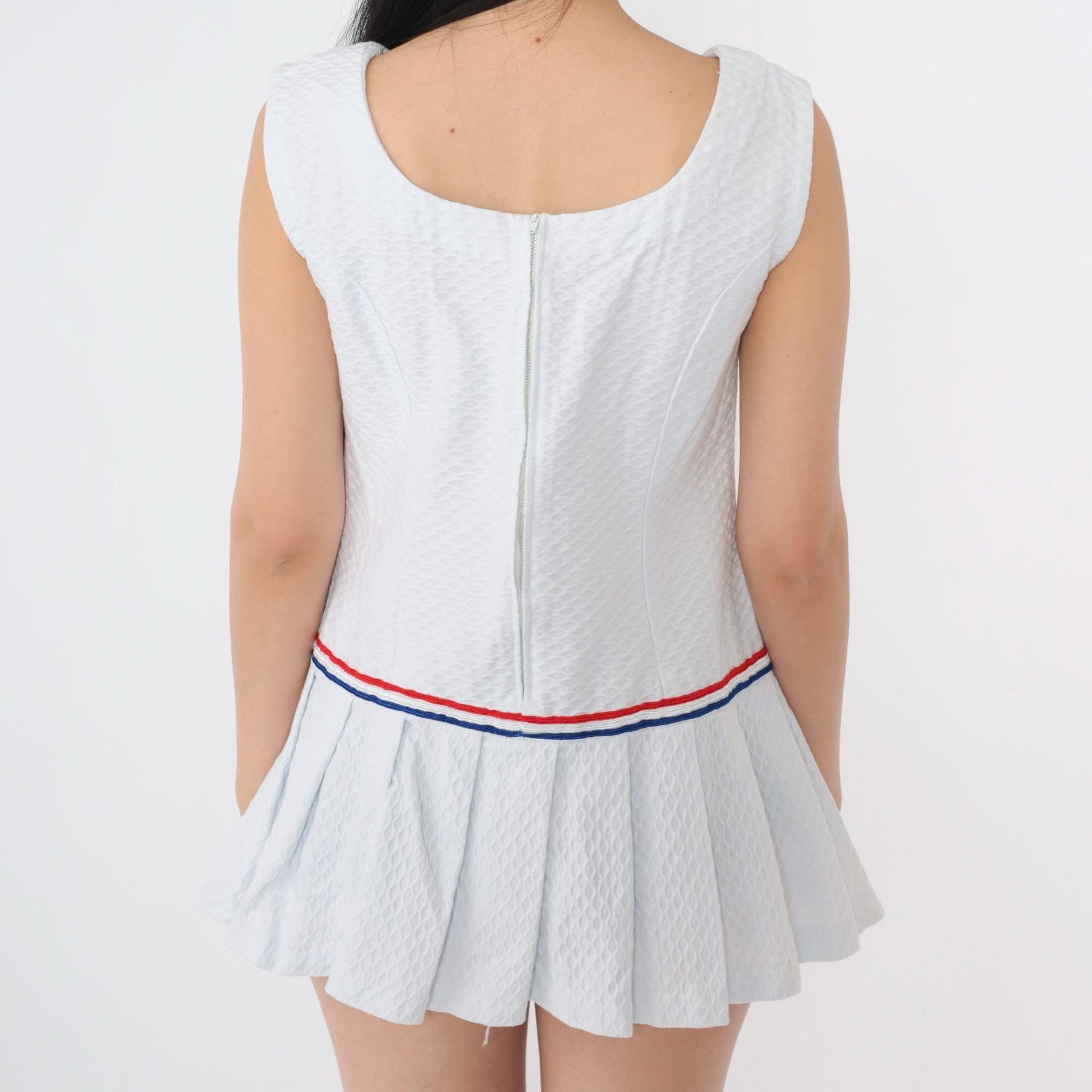 60s Mod Scooter Dress White Drop Waist Pleated Mini Sleeveless Small