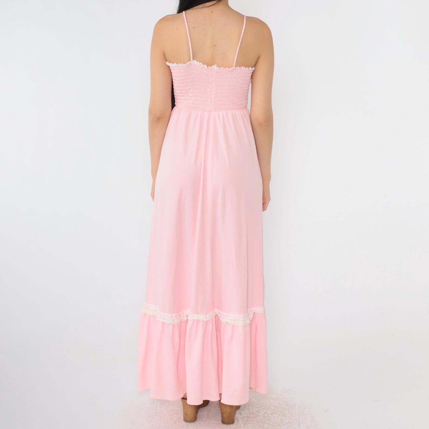 70s Baby Pink Maxi Sundress Smocked High Waist Spaghetti Strap Extra Small