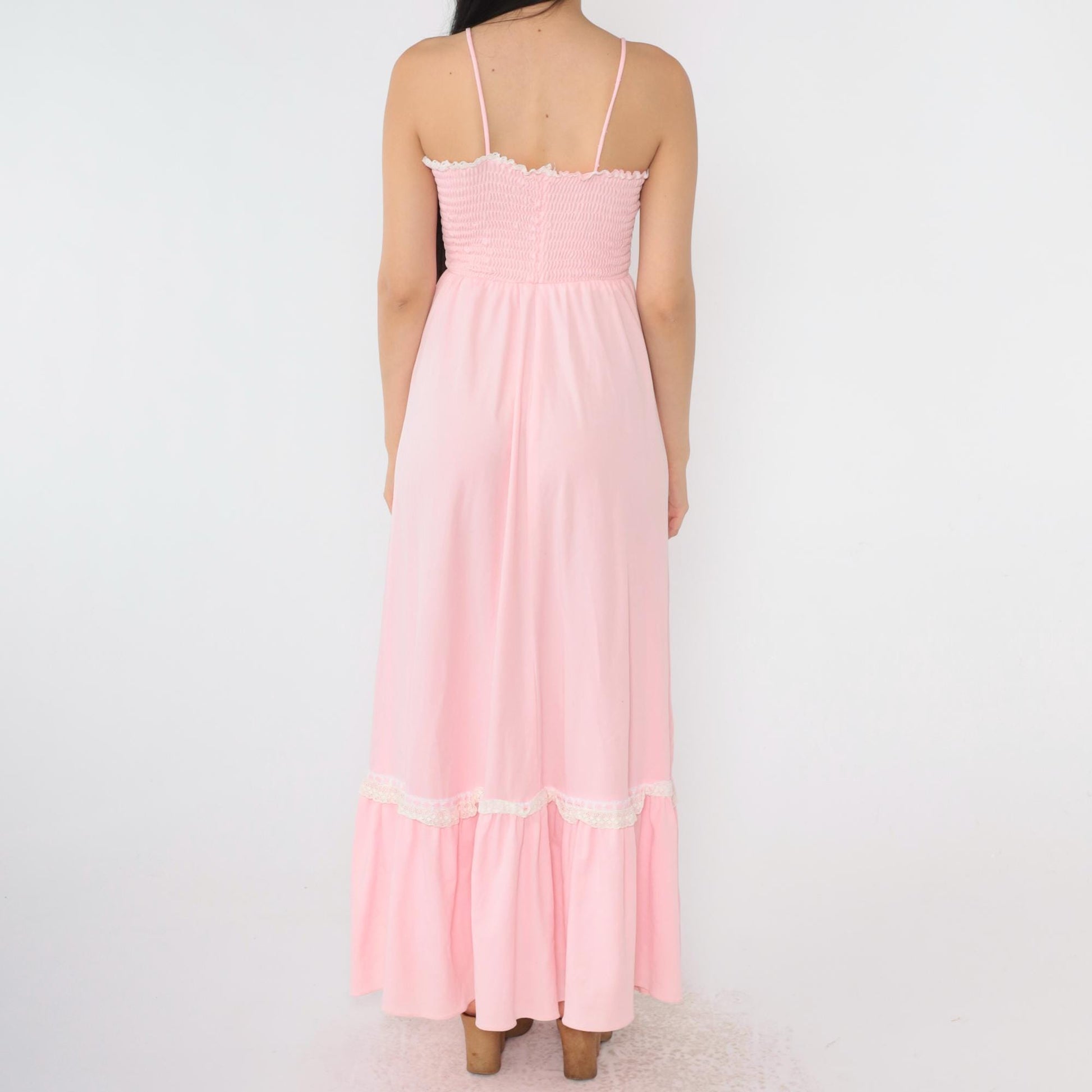 70s Baby Pink Maxi Sundress Smocked High Waist Spaghetti Strap Extra Small