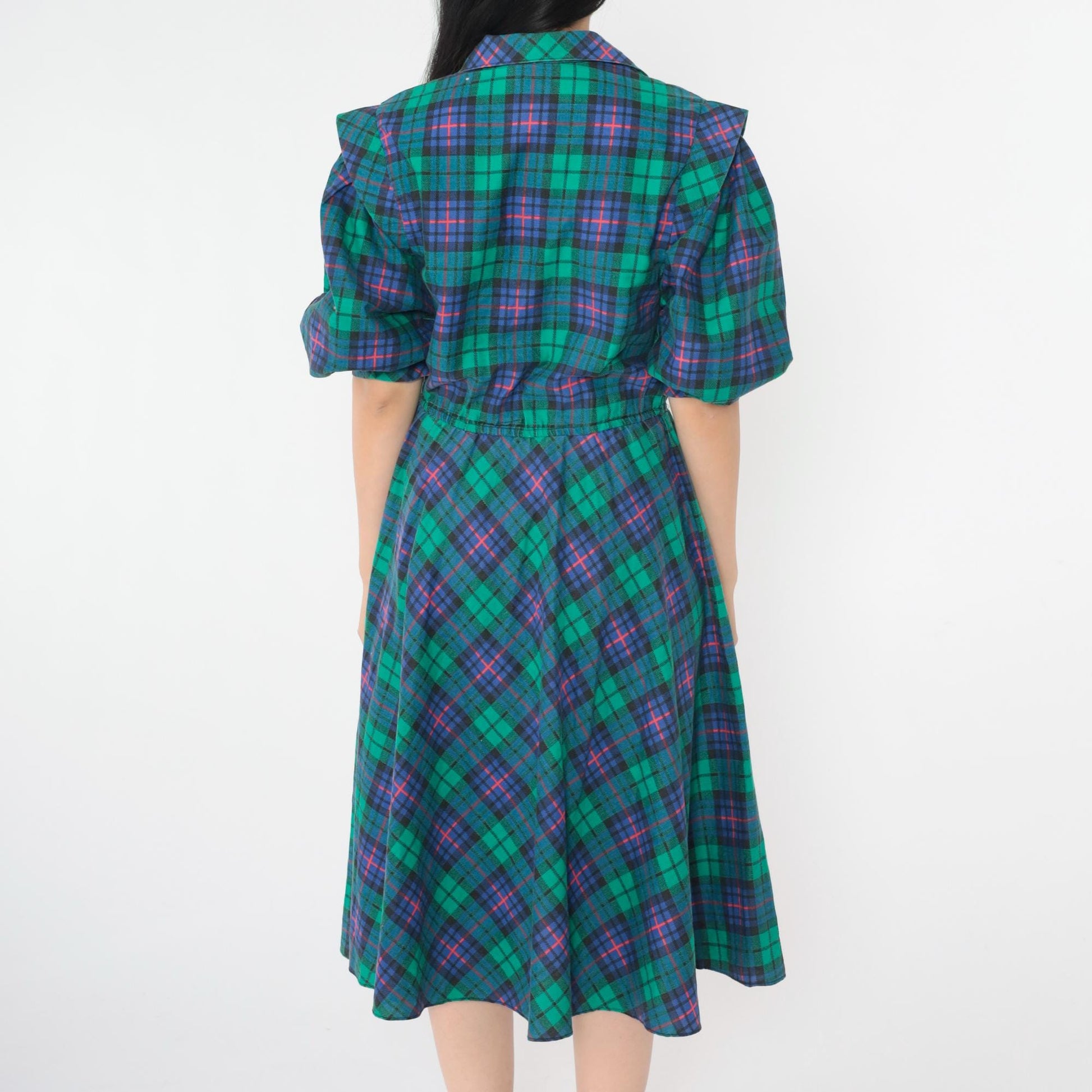 80s Blue Green Plaid Midi Shirt Dress High Waist Collared Button Up Small S