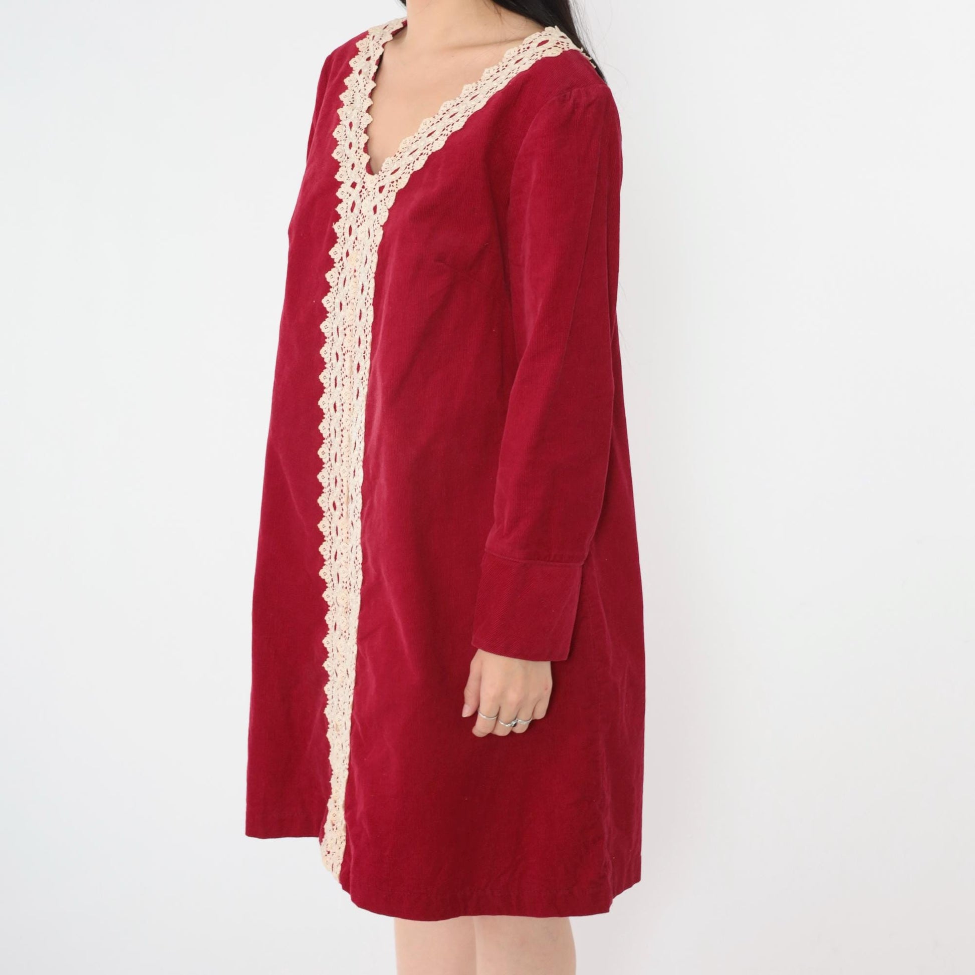 60s Carol of Mary Red Corduroy Shift Dress Cream Lace Trim V-Neck Mini Medium M