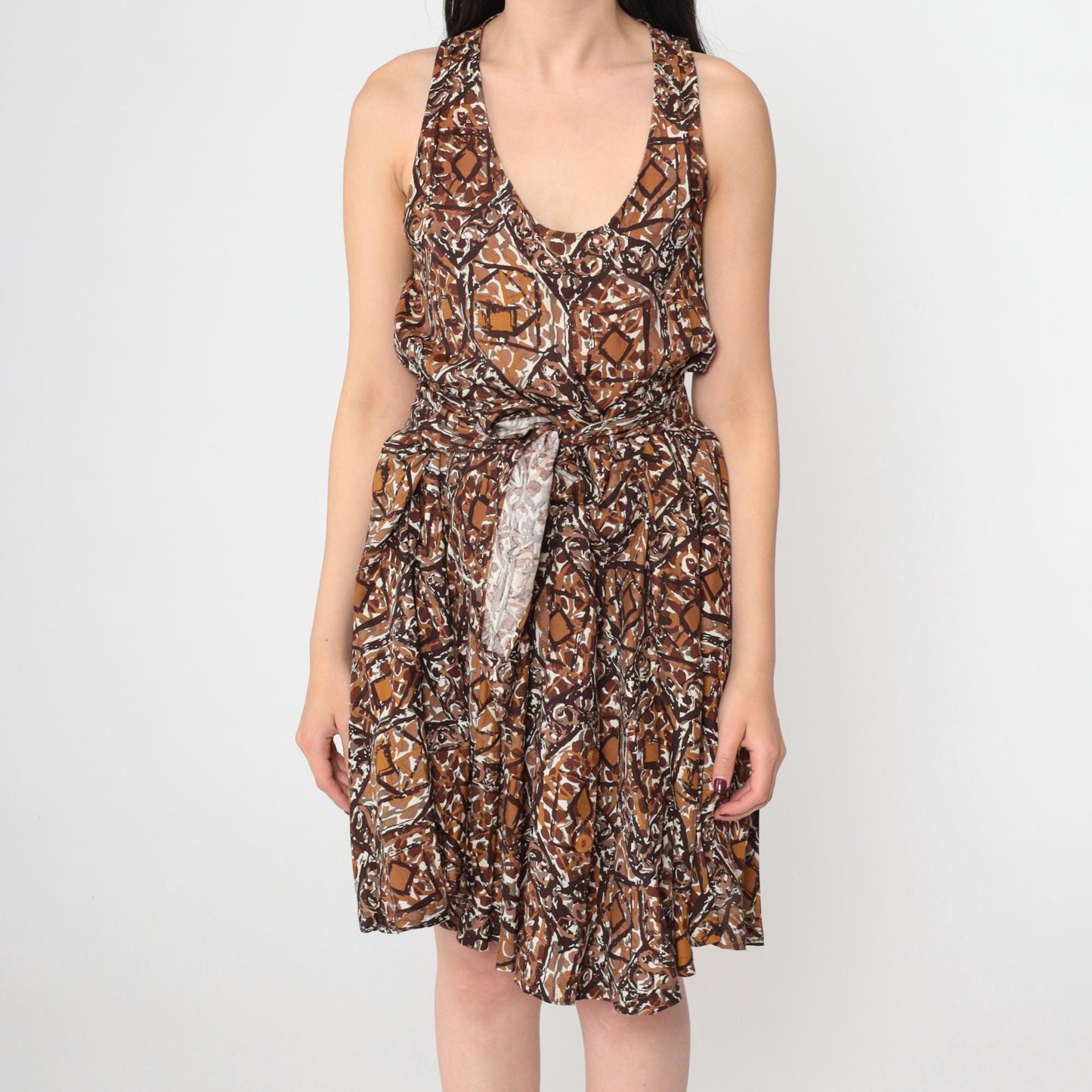 90s Brown Abstract Print Sleeveless Midi Dress Scoop Neck Racerback Small S