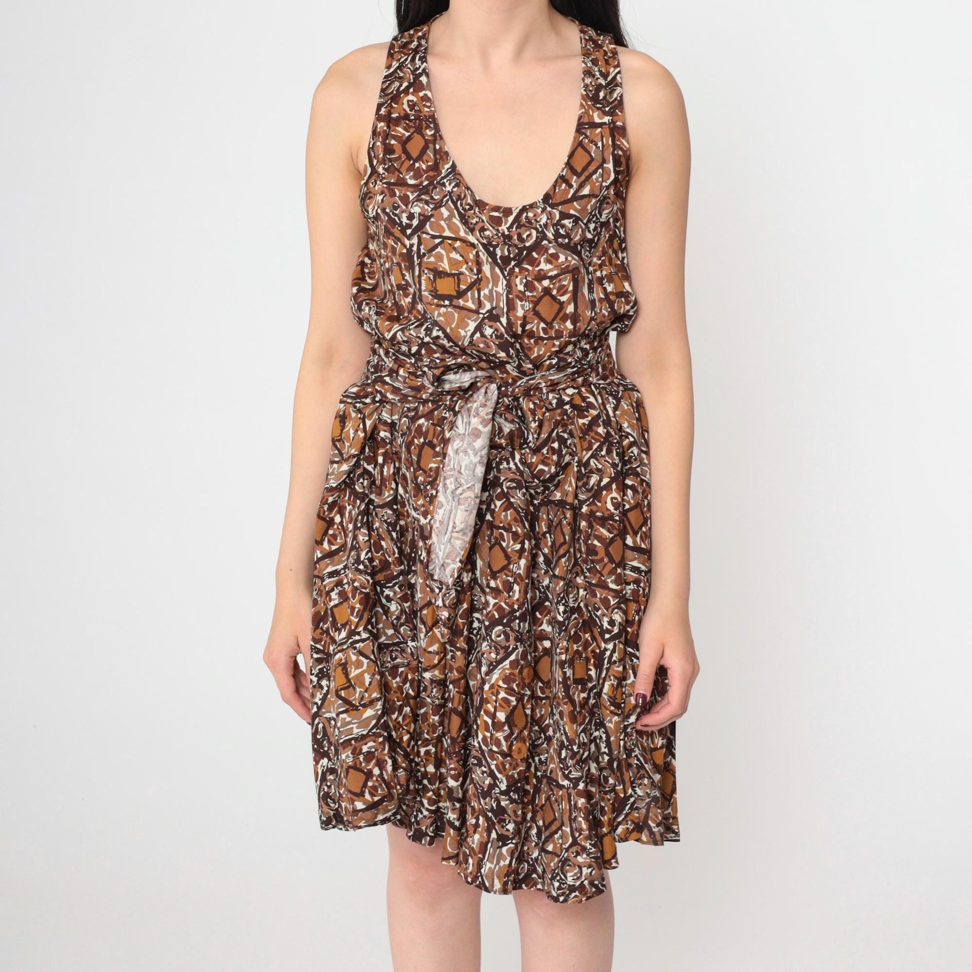 90s Brown Abstract Print Sleeveless Midi Dress Scoop Neck Racerback Small S