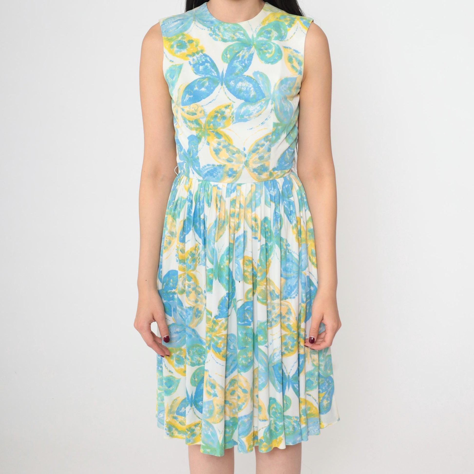 1960s Butterfly Print Mod Mini Dress White High Waist Sleeveless Extra Small