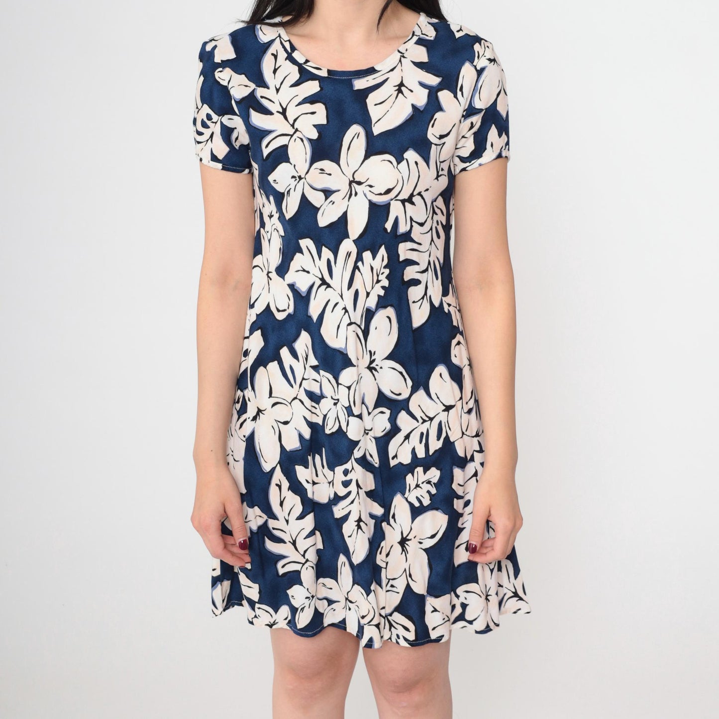 90s K.C. Spencer Tropical Floral Mini Dress Blue Shift Short Sleeve Medium