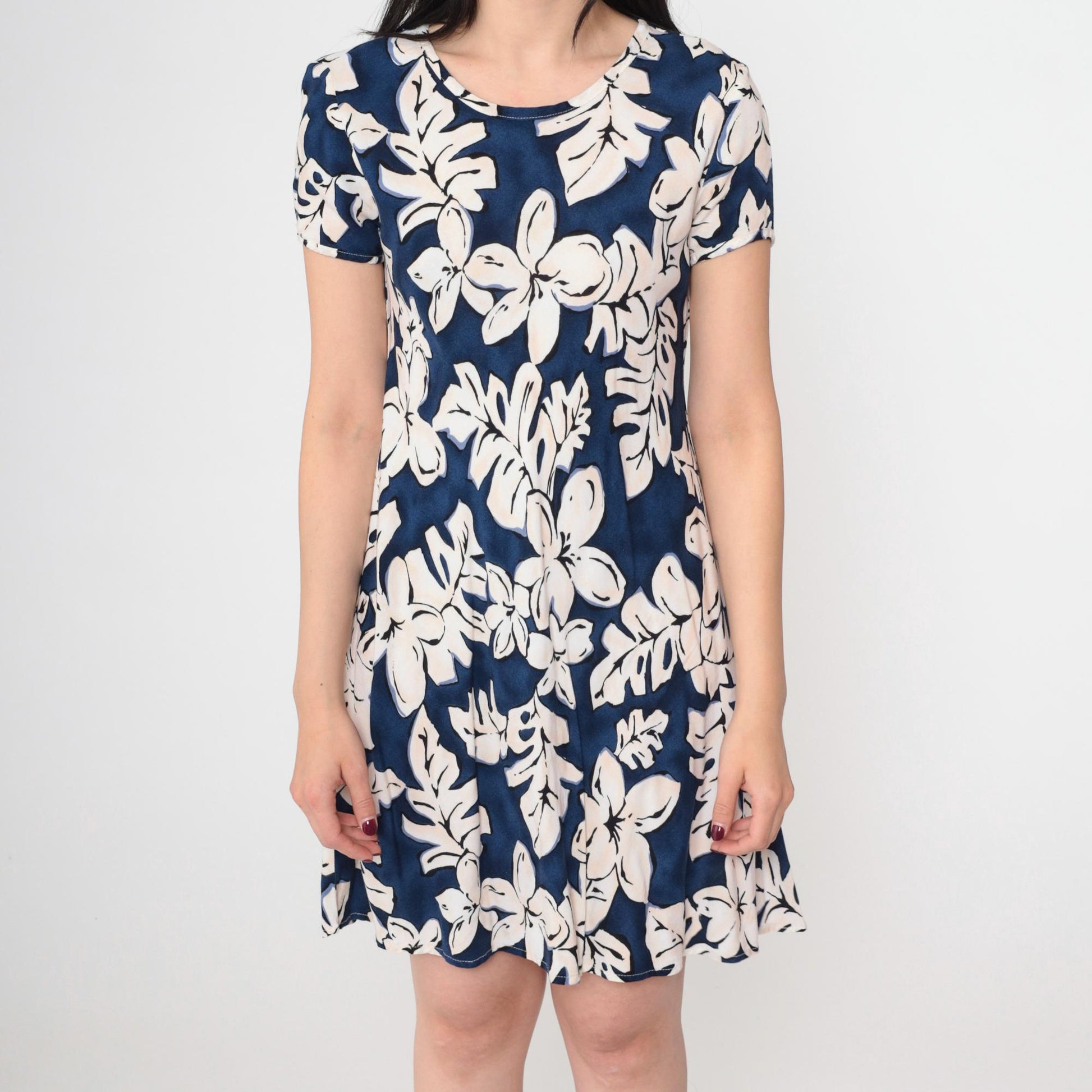 90s K.C. Spencer Tropical Floral Mini Dress Blue Shift Short Sleeve Medium