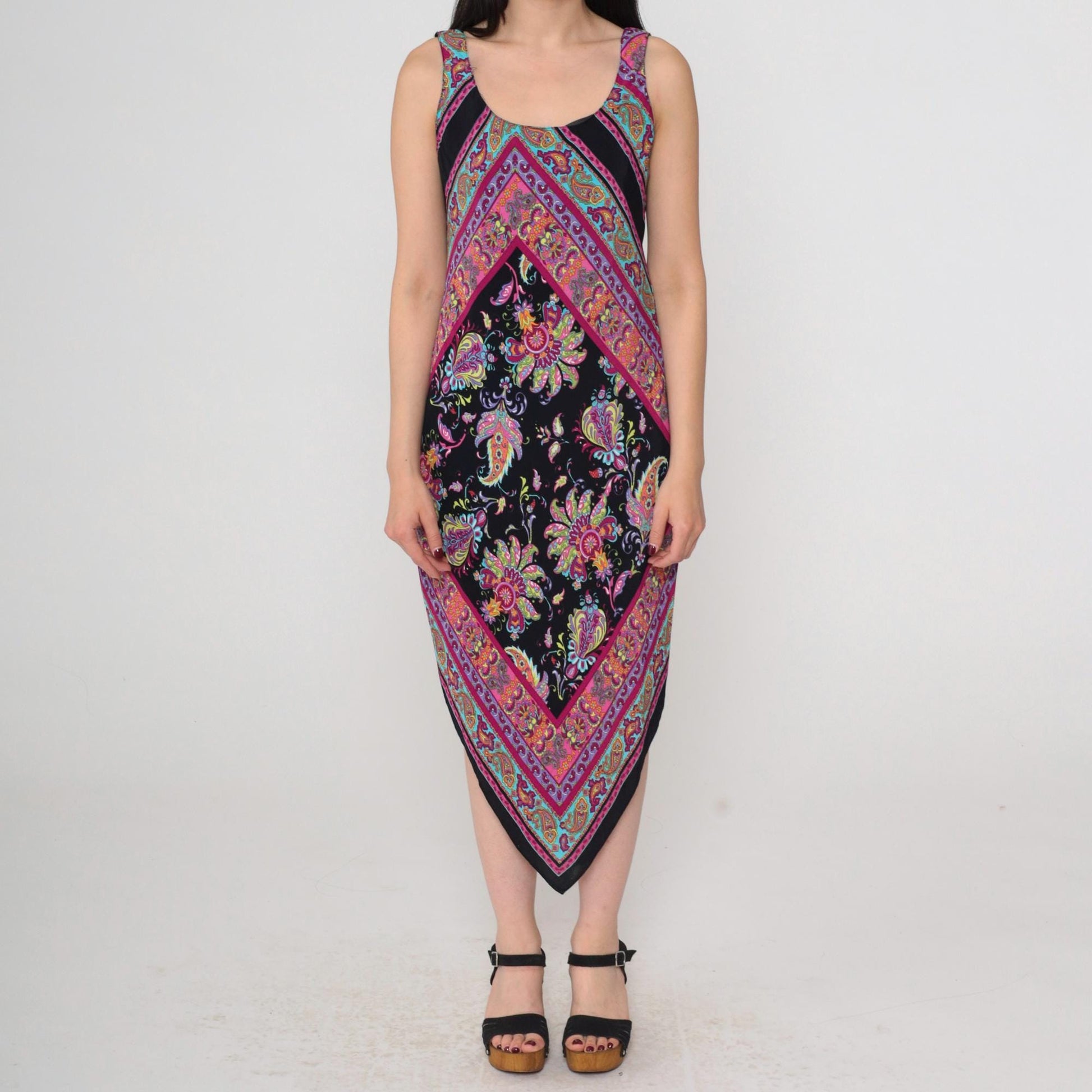 90s Ronni Nicole Black Paisley Floral Midi Dress Handkerchief Hem Small Petite