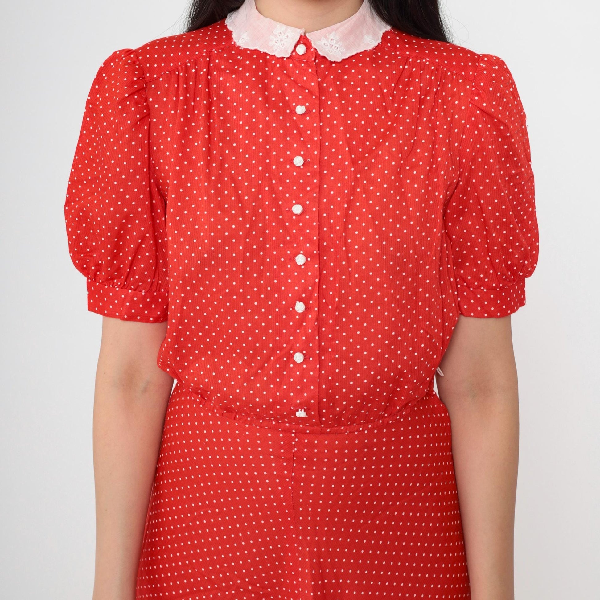 80s Red Polka Dot Midi Dress Peter Pan Collar Puff Sleeve High Waist Extra Small