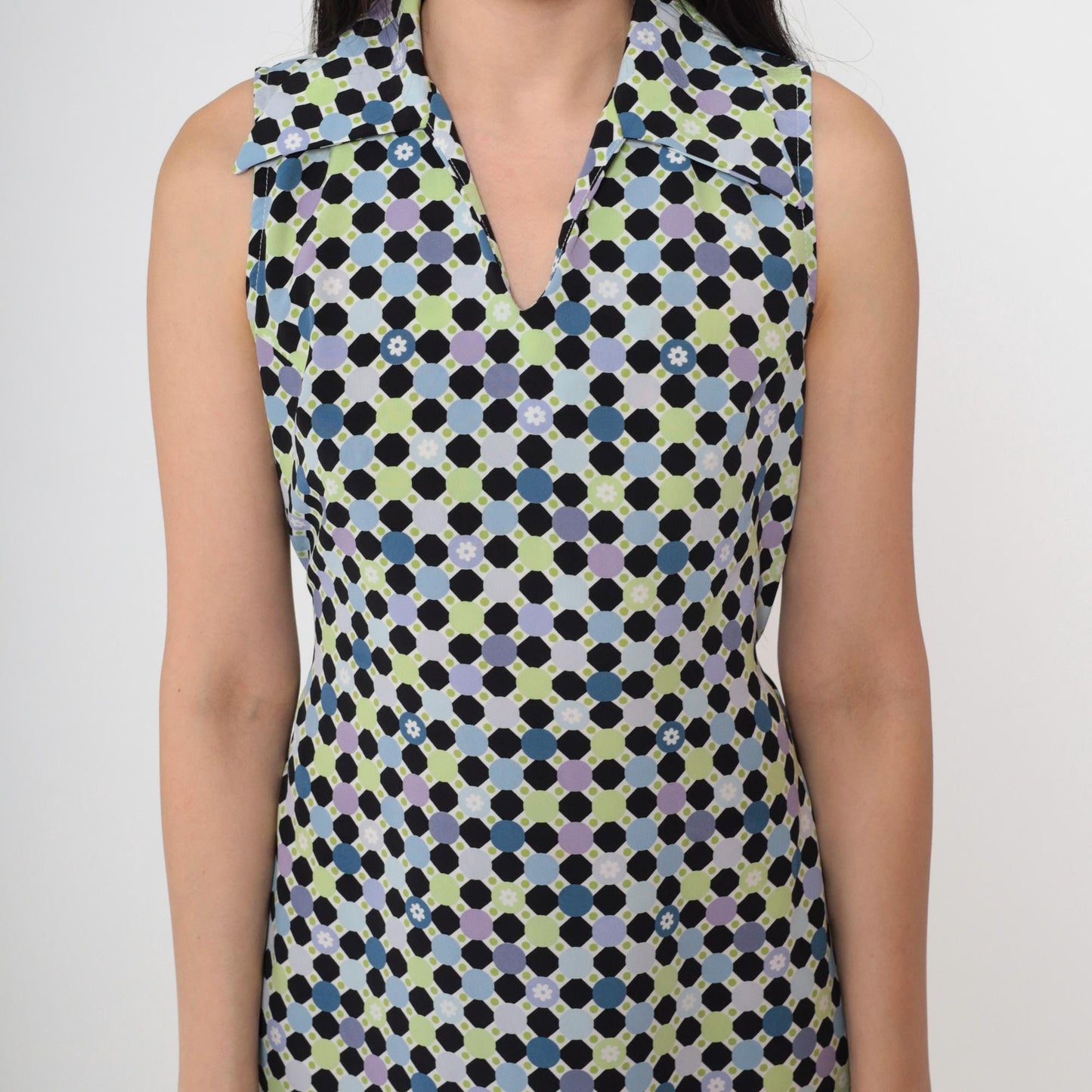 90s Geometric Polka Dot Mini Dress Sleeveless Collared Tie-Back Small S