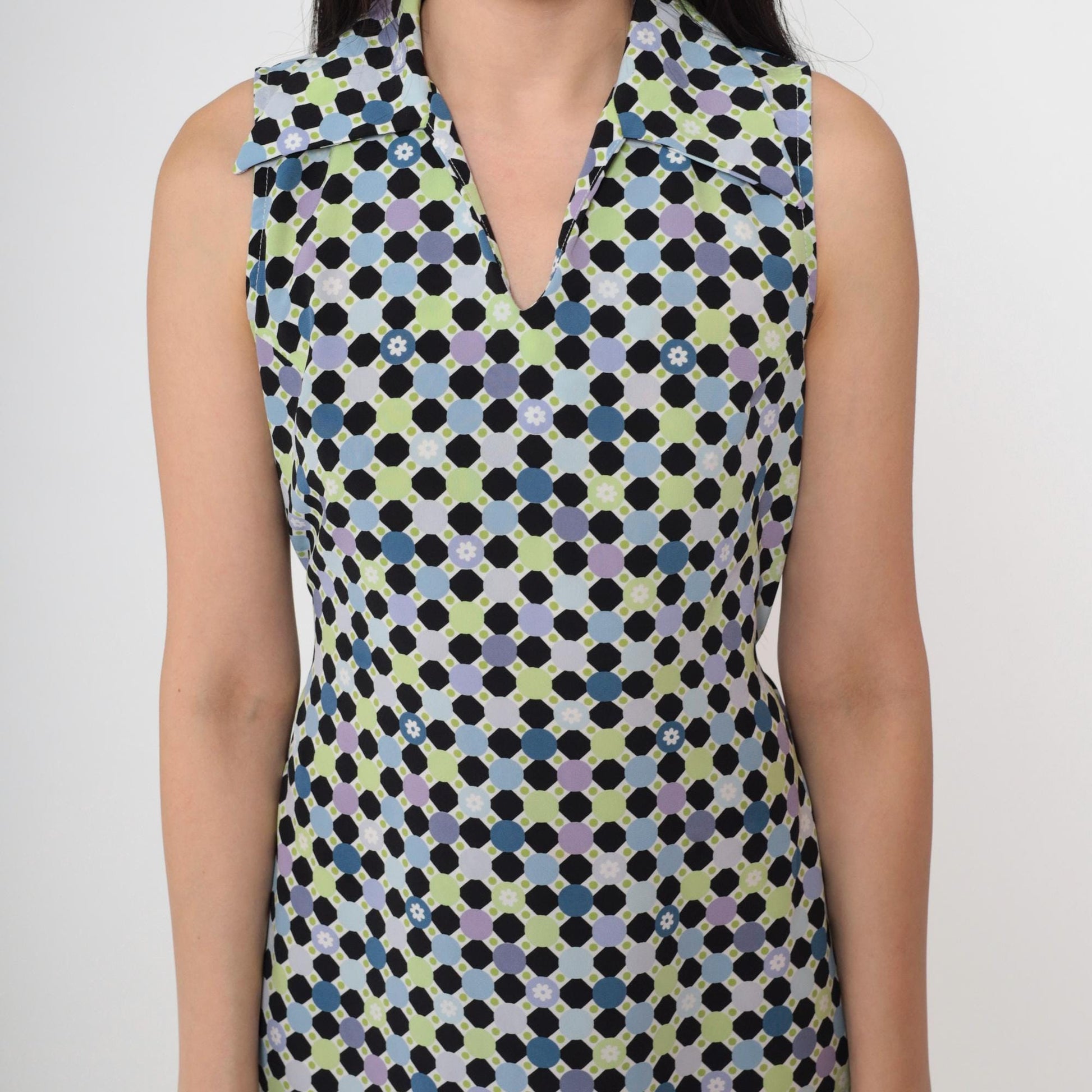90s Geometric Polka Dot Mini Dress Sleeveless Collared Tie-Back Small S