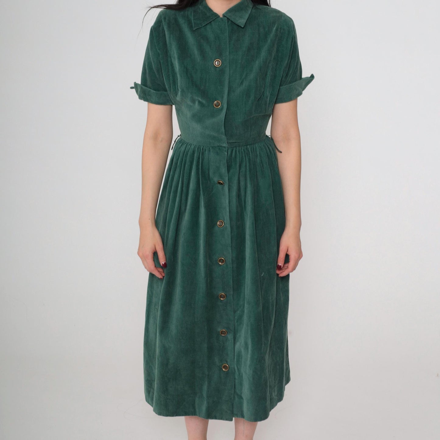 1940s Green Corduroy Button-Up Dress Collared Short Sleeve Gathered Waist Midi Extra Small