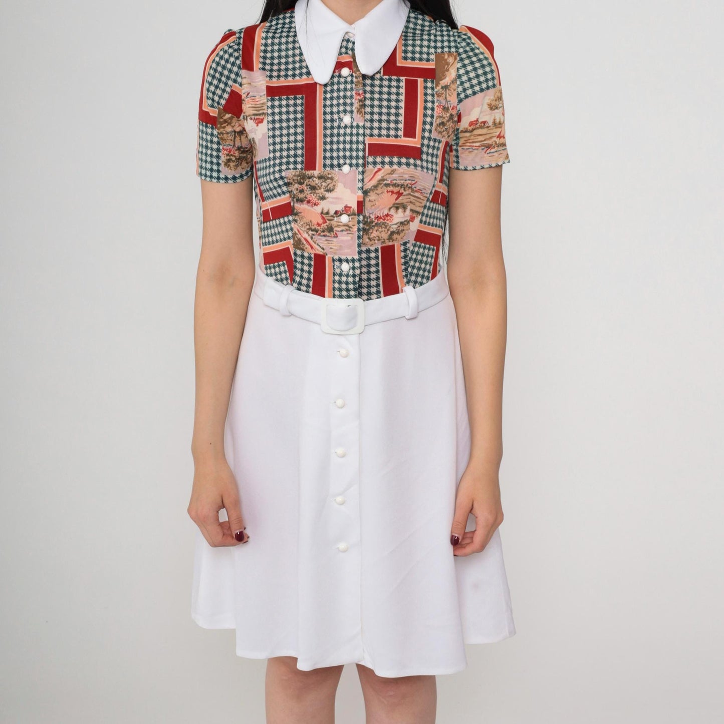 1960s Mod Shirt Dress Pastoral Landscape Print Green Houndstooth Mini XS