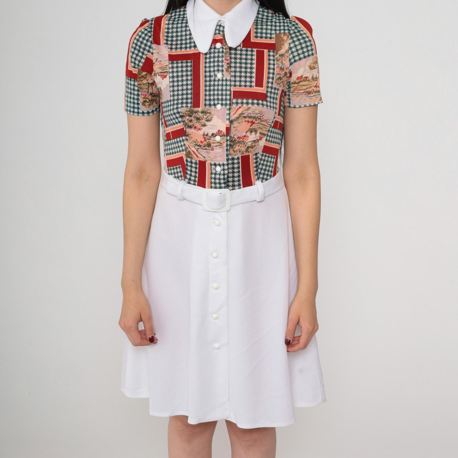 1960s Mod Shirt Dress Pastoral Landscape Print Green Houndstooth Mini XS