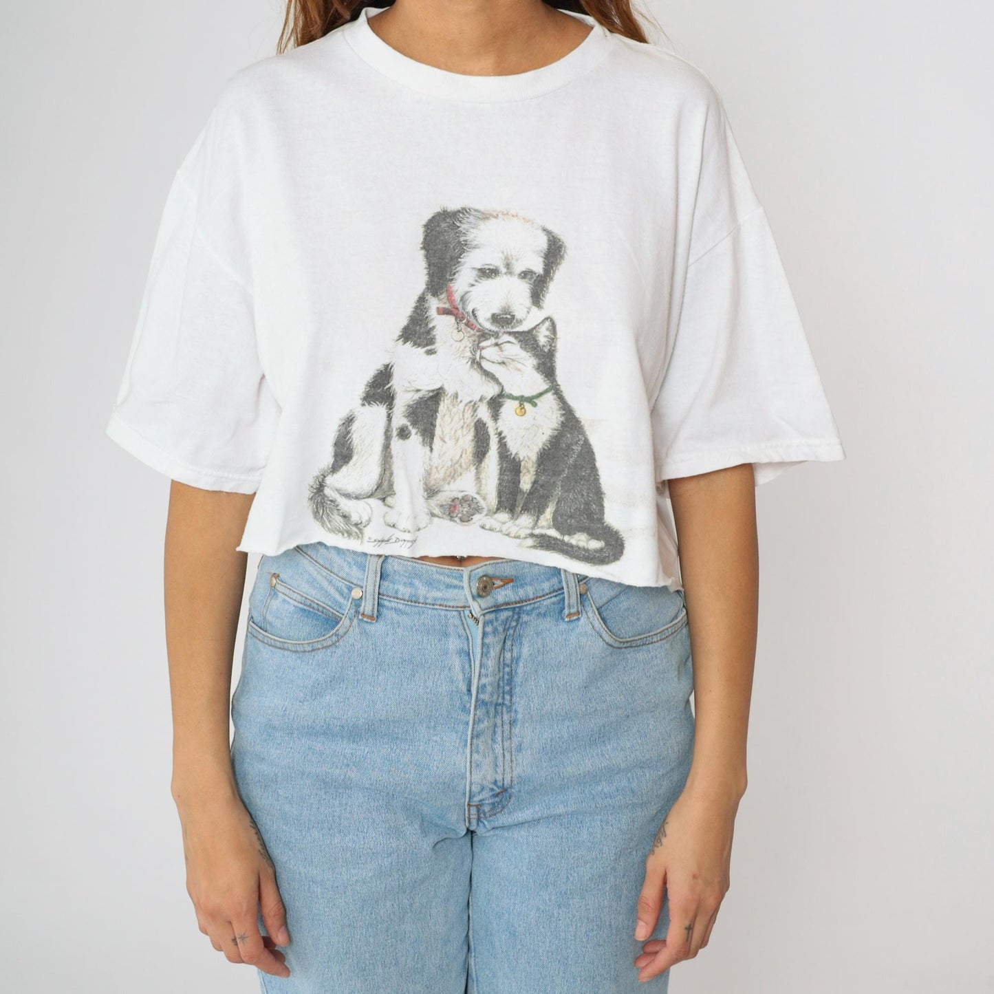 90s Cat & Dog Graphic Crop Top White Cotton T-Shirt Large L