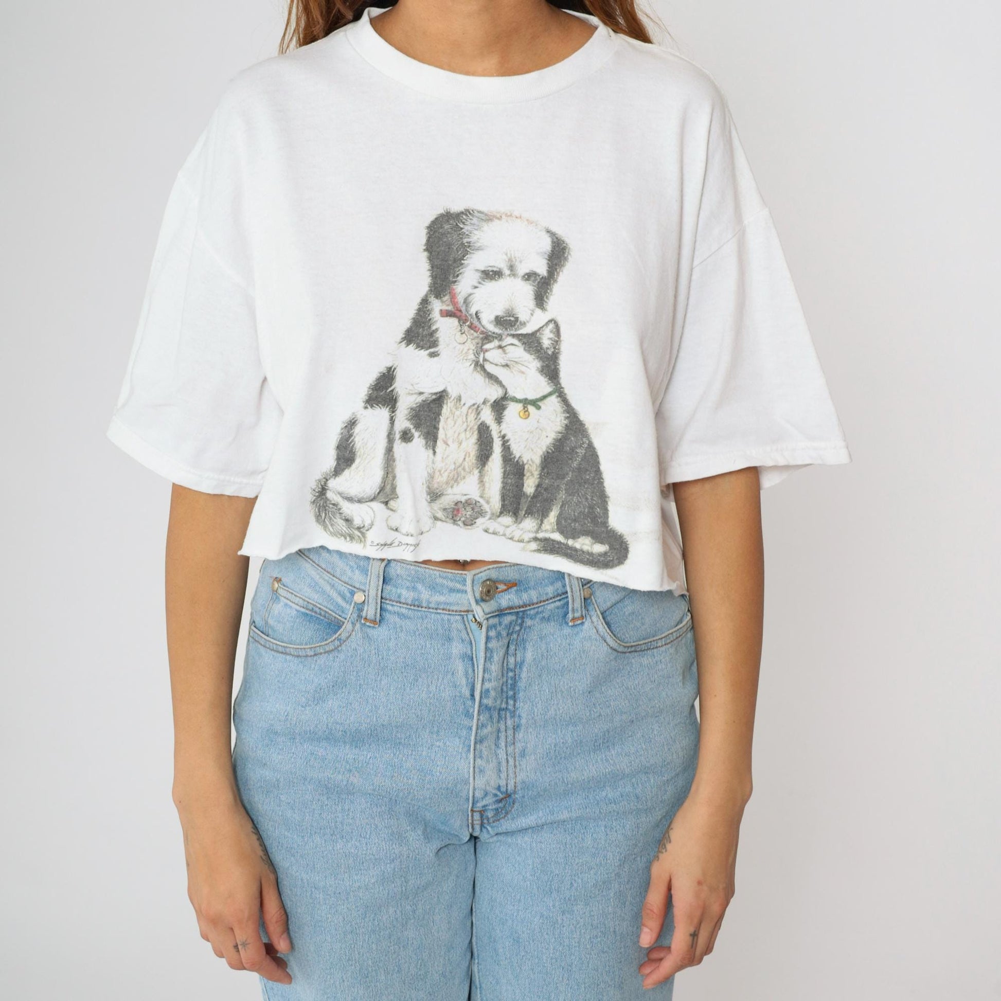 90s Cat & Dog Graphic Crop Top White Cotton T-Shirt Large L