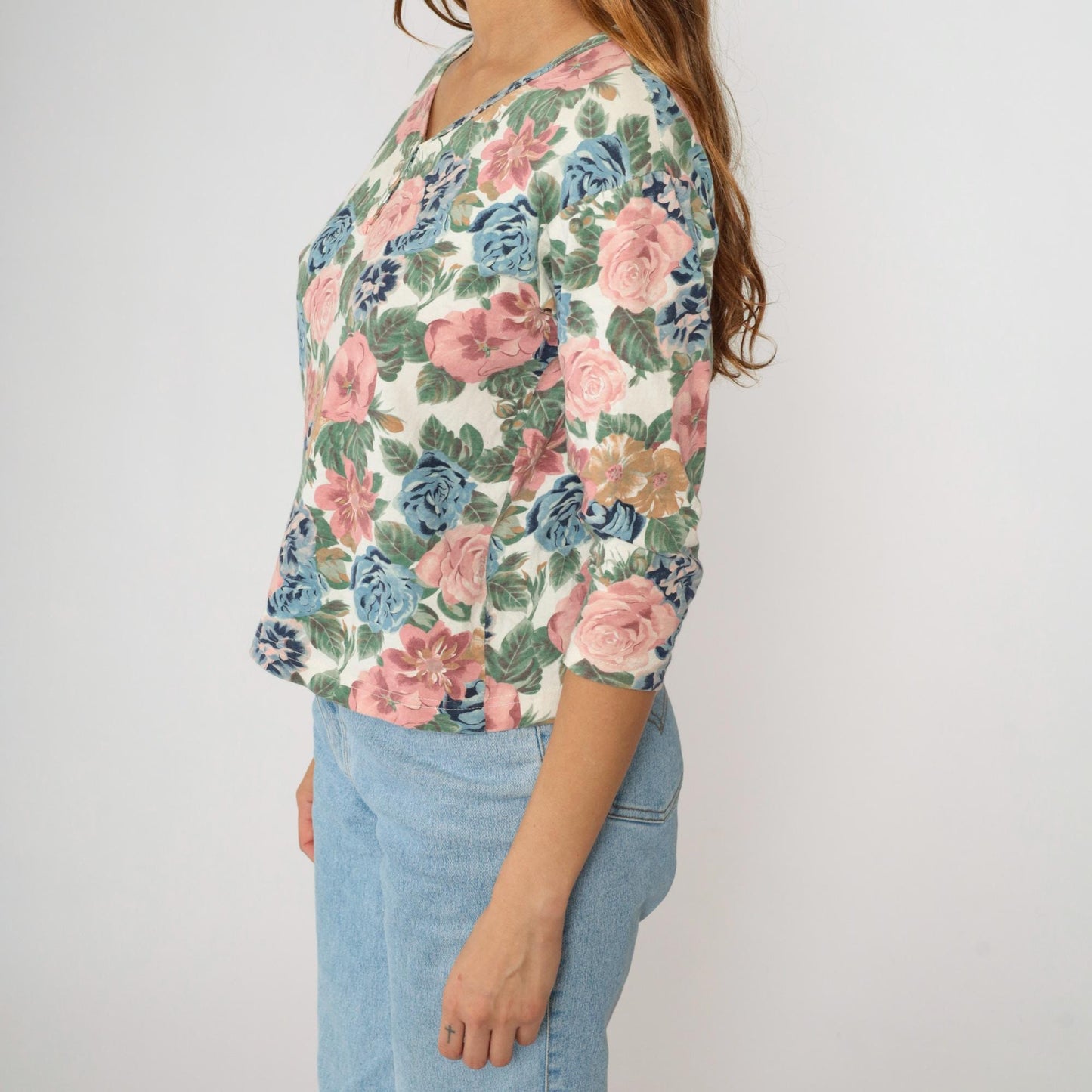 90s Floral Henley Shirt Pastel Print 3/4 Sleeve Button Up Cotton Medium M