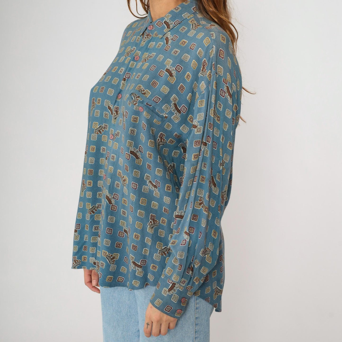 90s Forenza Blue Geometric Crown Print Button Up Shirt Large L