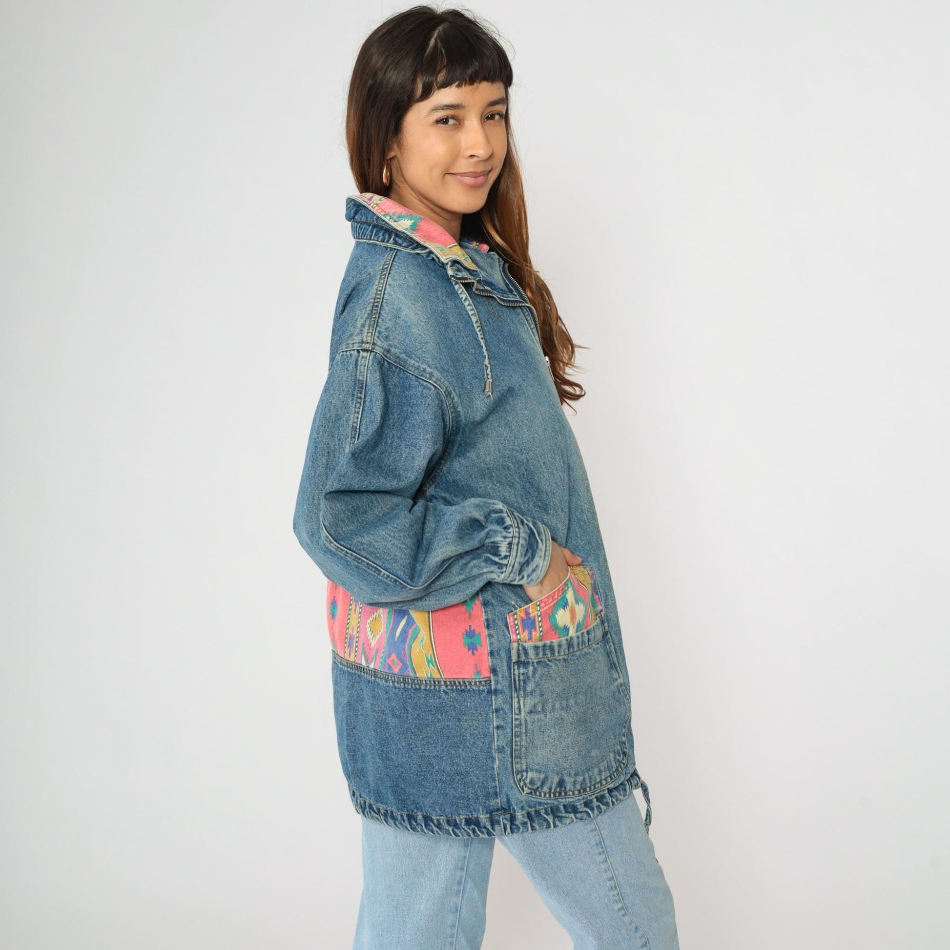 90s Southwestern Denim Jacket Blue Aztec Patch Jean Coat Medium M