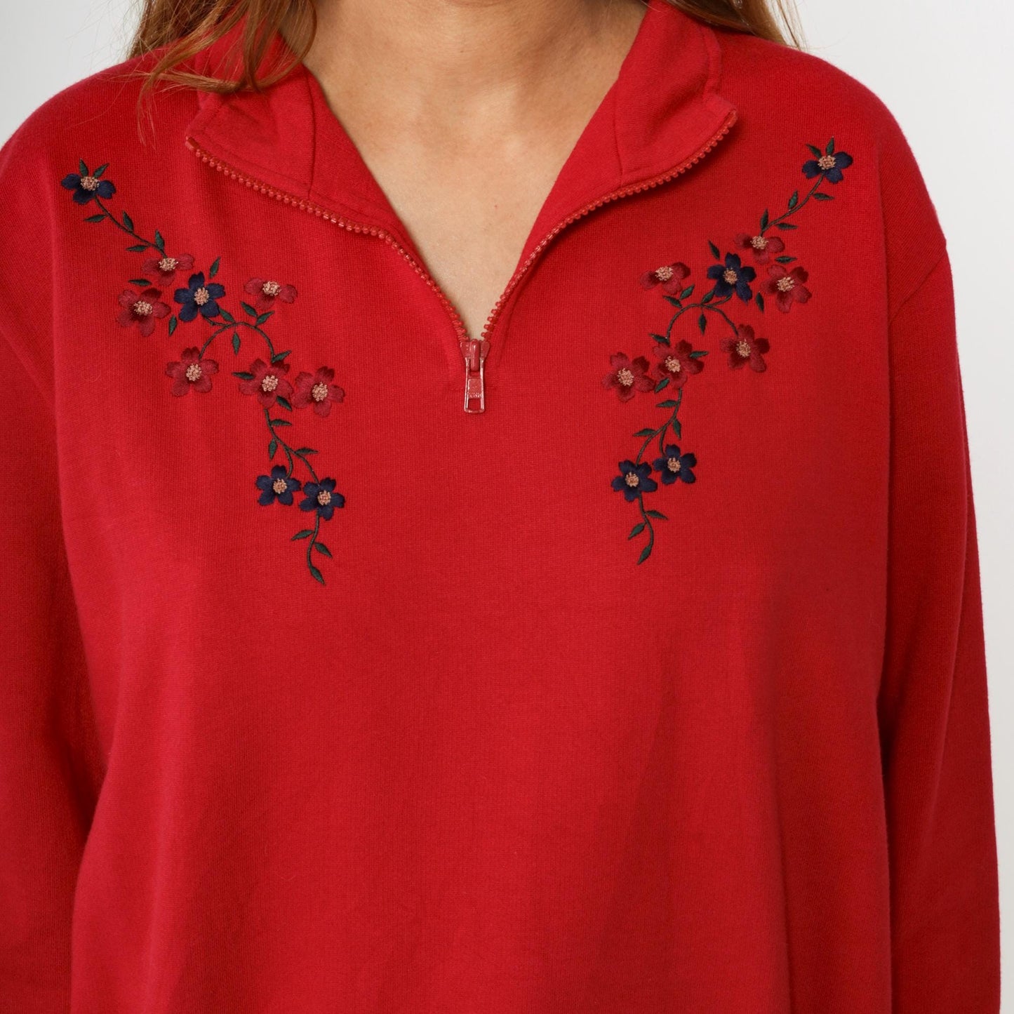 90s Karen Scott Red Floral Embroidered Quarter Zip Sweatshirt Extra Large XXL
