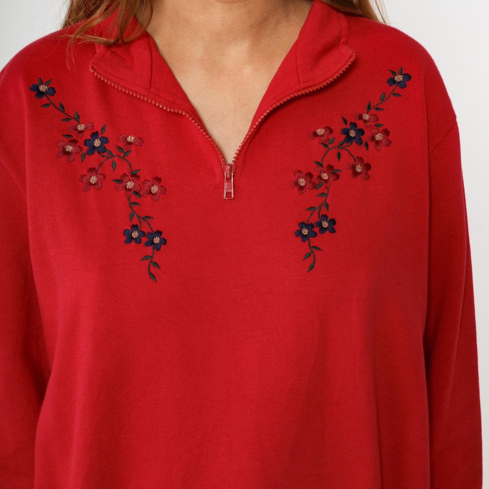 90s Karen Scott Red Floral Embroidered Quarter Zip Sweatshirt Extra Large XXL