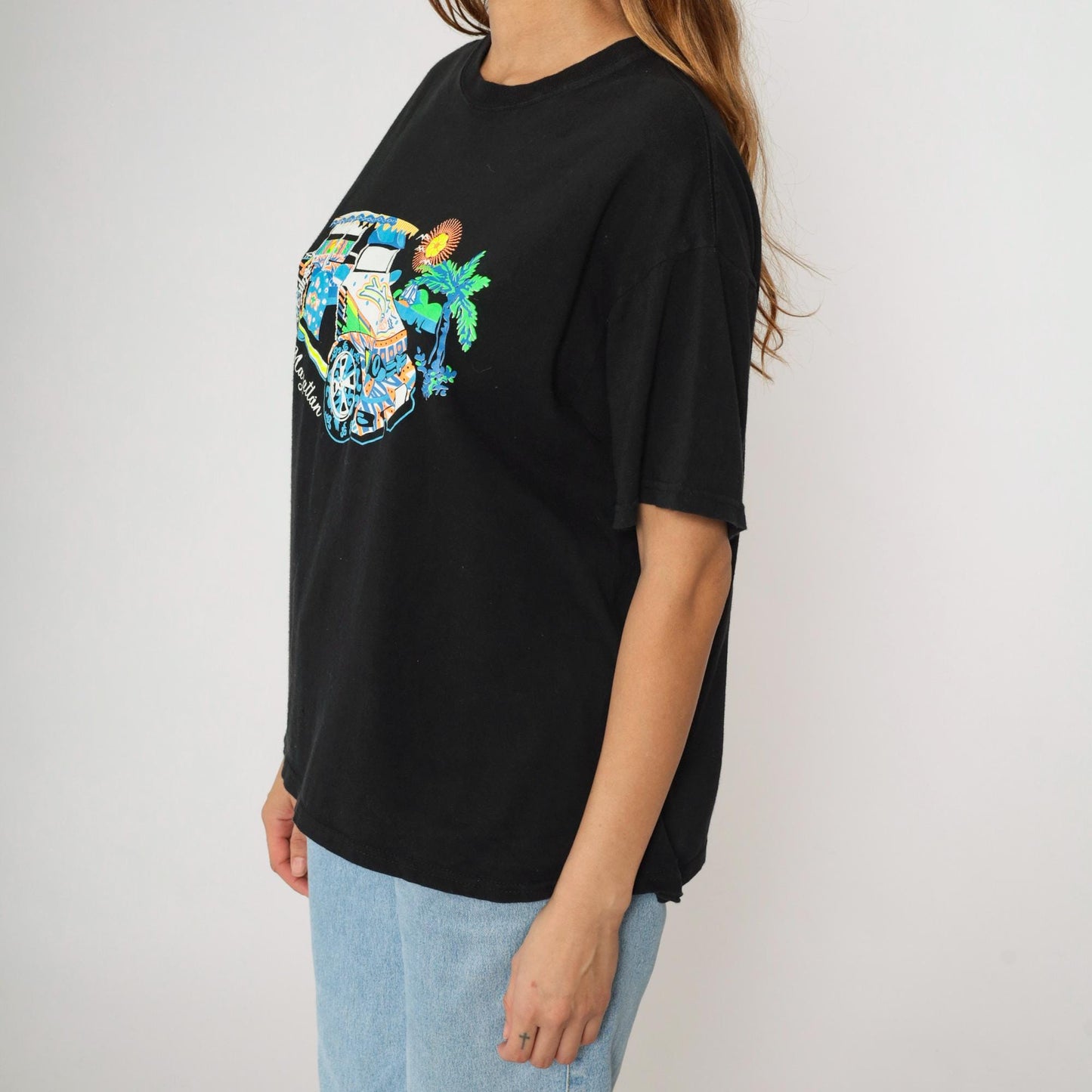 Y2K Mazatlán Mexico Graphic Tee Black Car Palm Tree Print Large L