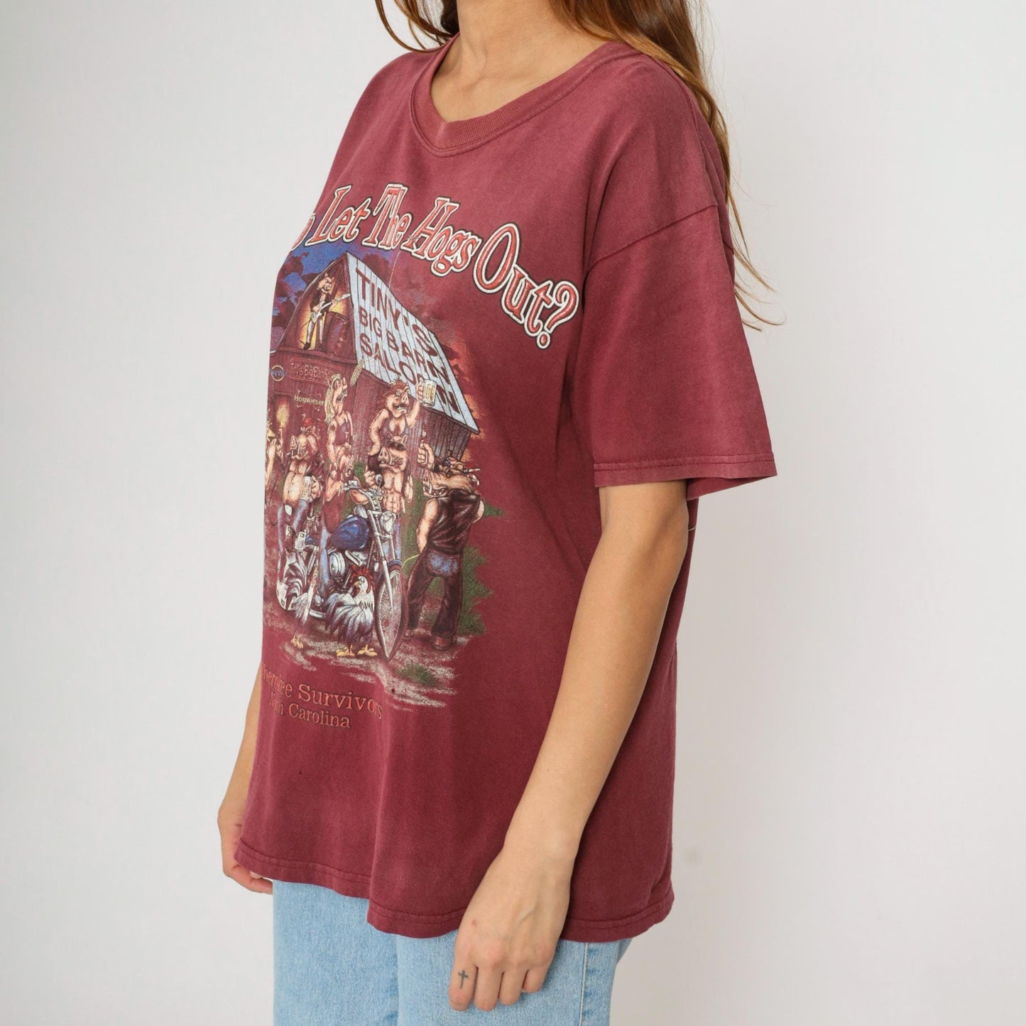 2000s Cherokee Survivors Rally Biker Graphic T-Shirt Maroon Pig Motorcycle Large