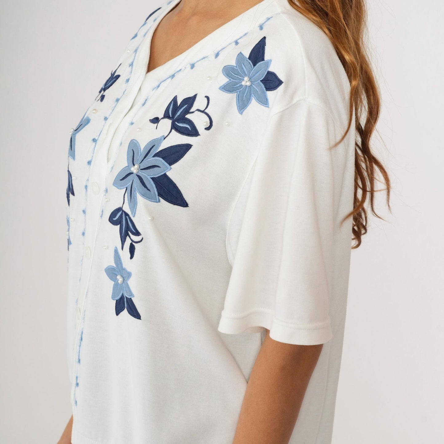 80s Alfred Dunner White Floral Embroidered Pearl Beaded Button Up Blouse Large