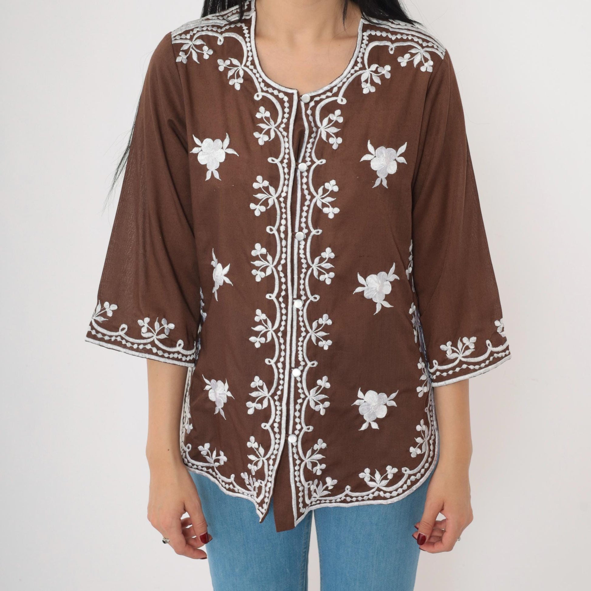 90s Brown Floral Embroidered Button-Up Blouse 3/4 Sleeve Small S