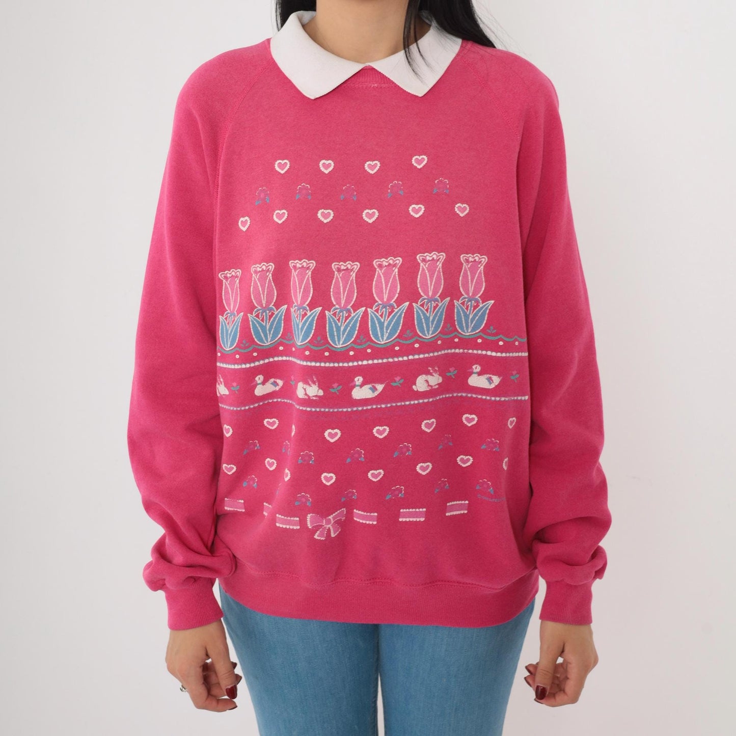 90s Pink Floral Goose & Bunny Graphic Sweatshirt Raglan Collar Medium