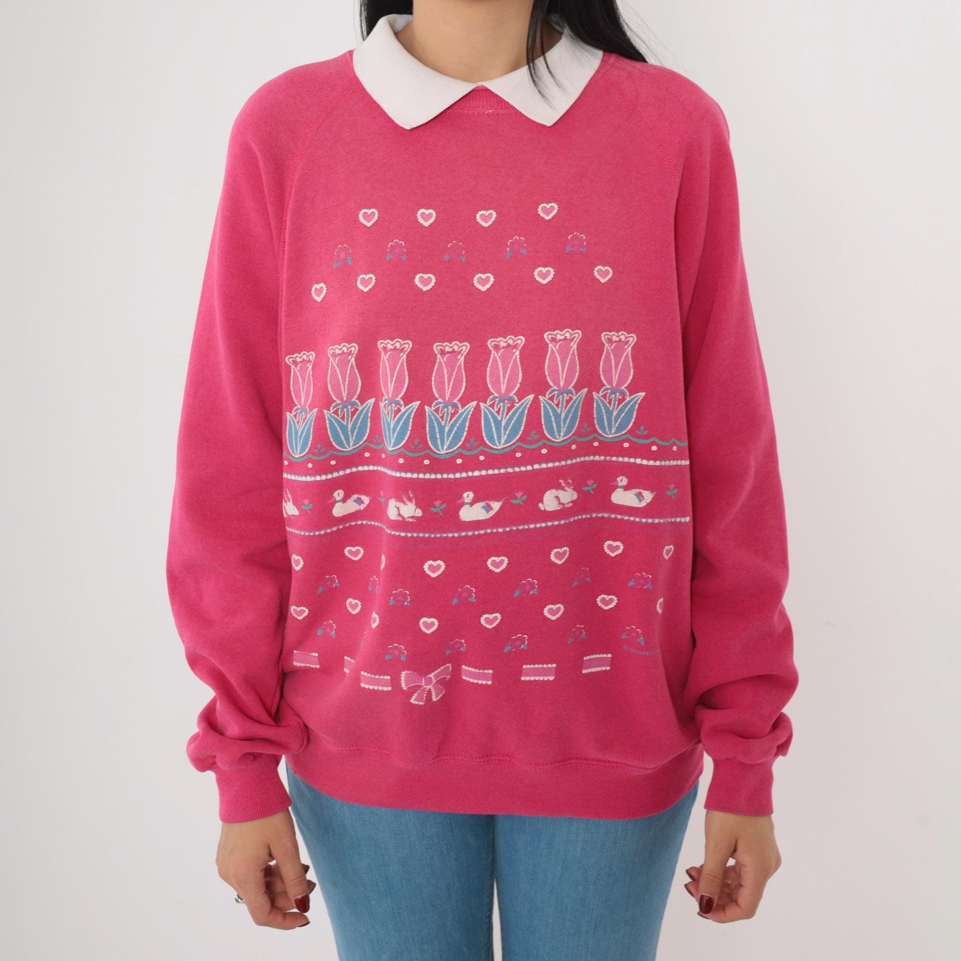 90s Pink Floral Goose & Bunny Graphic Sweatshirt Raglan Collar Medium